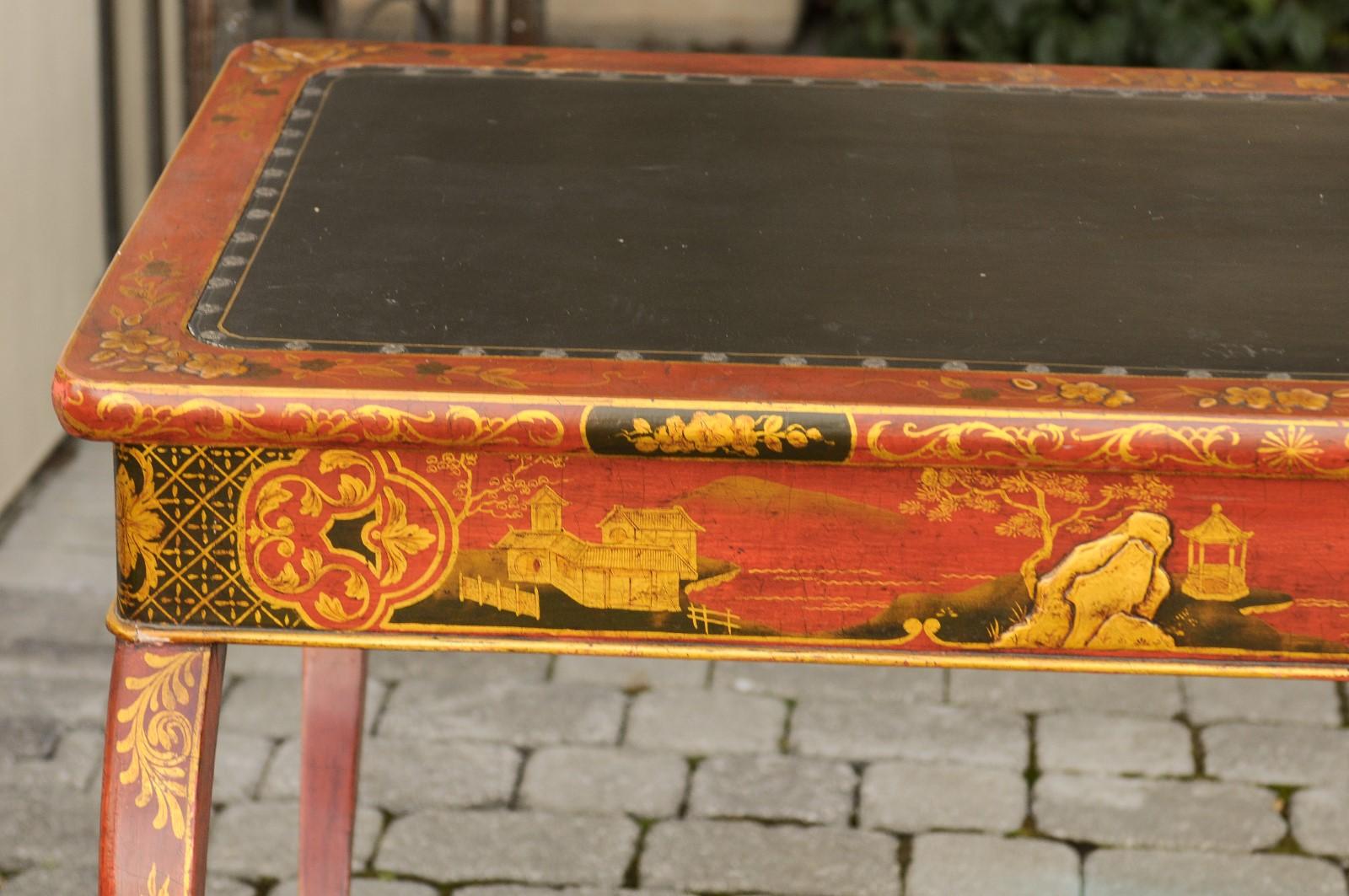 Gilt English Regency 1820s Table with Red Lacquered, Gold and Black Chinoiserie Decor For Sale