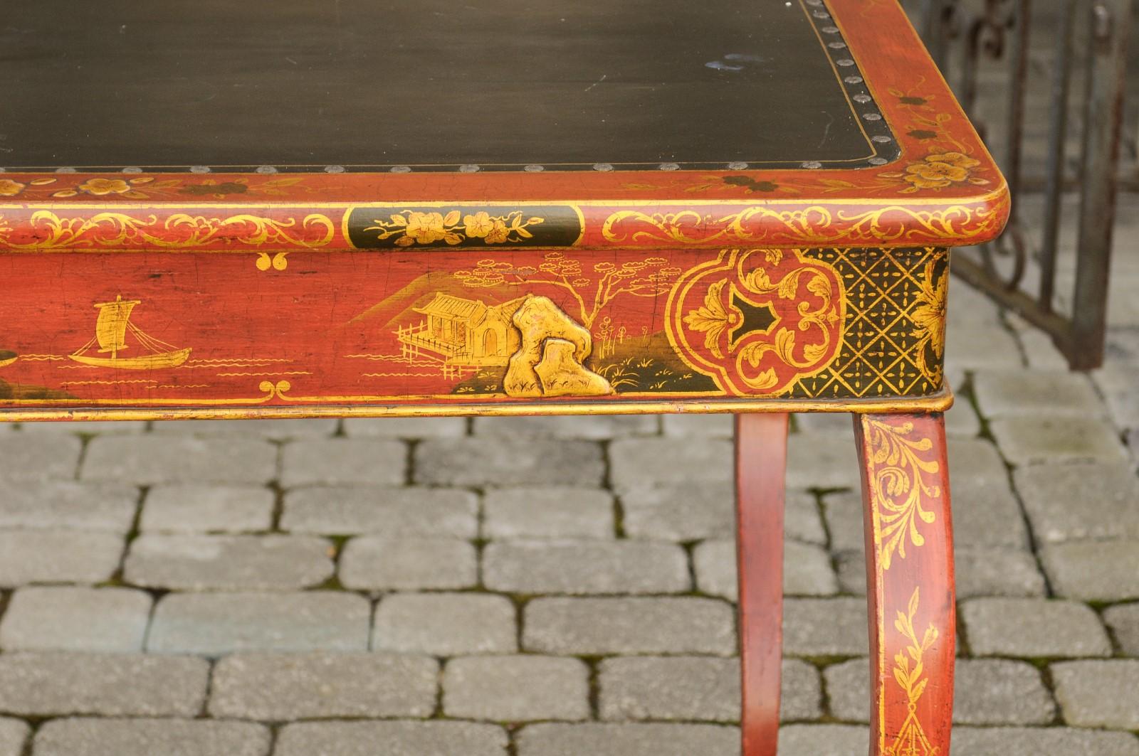 19th Century English Regency 1820s Table with Red Lacquered, Gold and Black Chinoiserie Decor For Sale