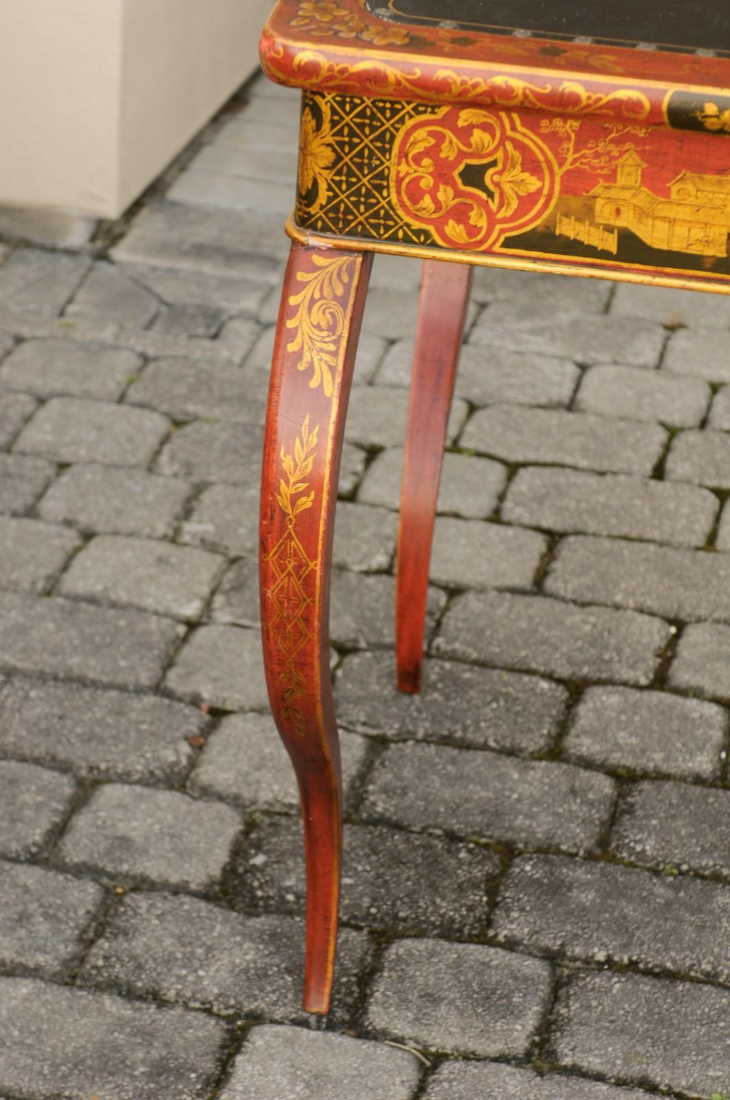 19th Century English Regency 1820s Table with Red Lacquered, Gold and Black Chinoiserie Decor For Sale