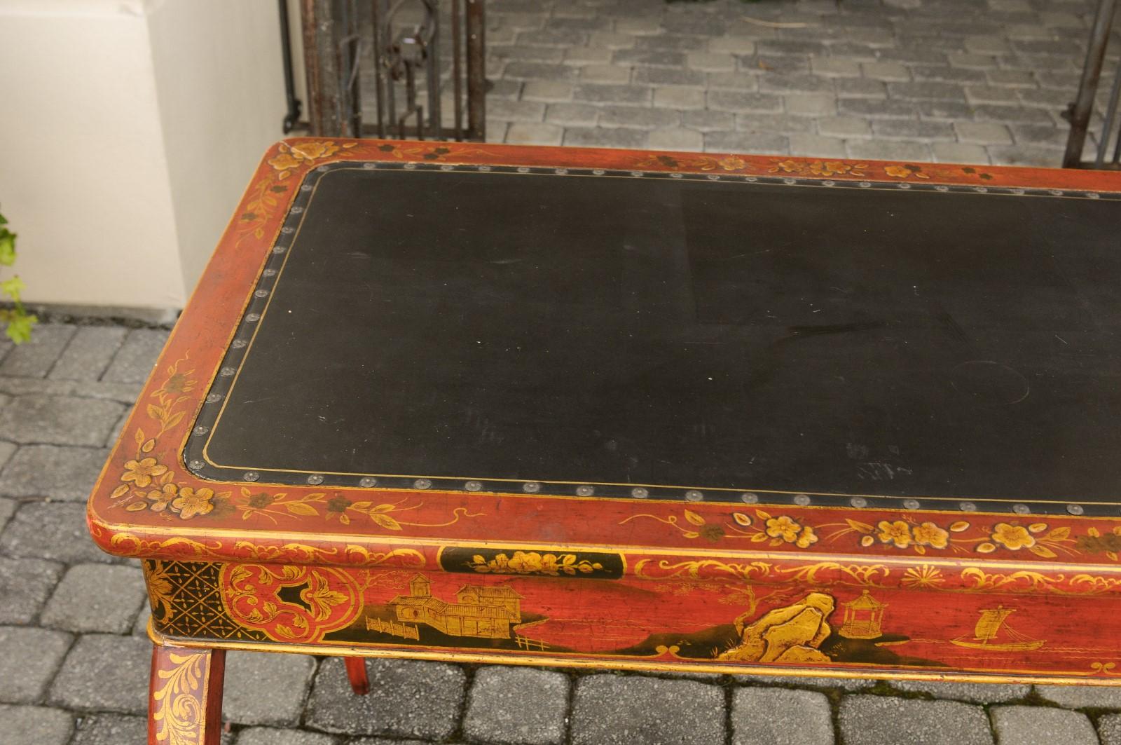 English Regency 1820s Table with Red Lacquered, Gold and Black Chinoiserie Decor For Sale 1
