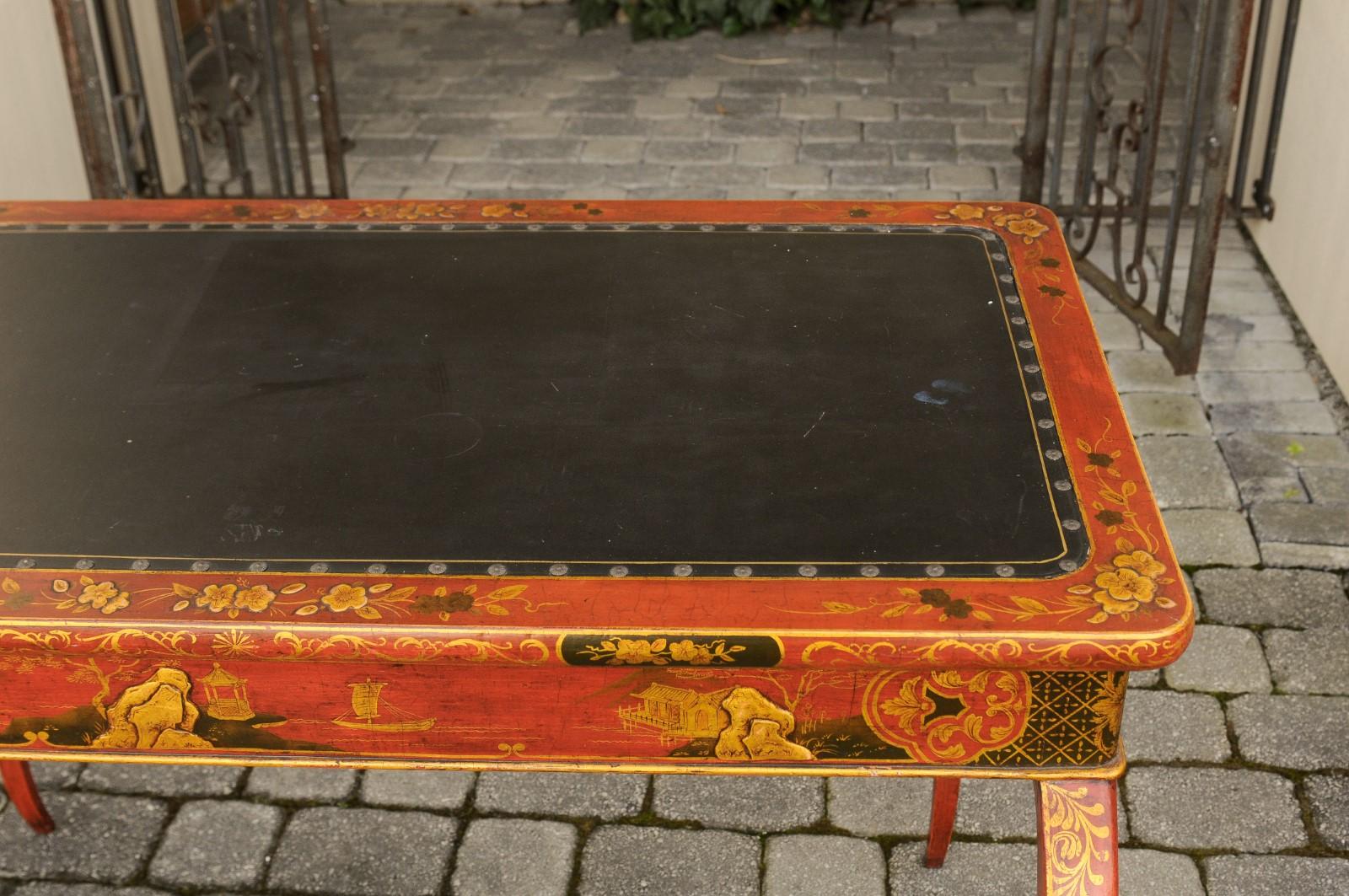 English Regency 1820s Table with Red Lacquered, Gold and Black Chinoiserie Decor For Sale 2