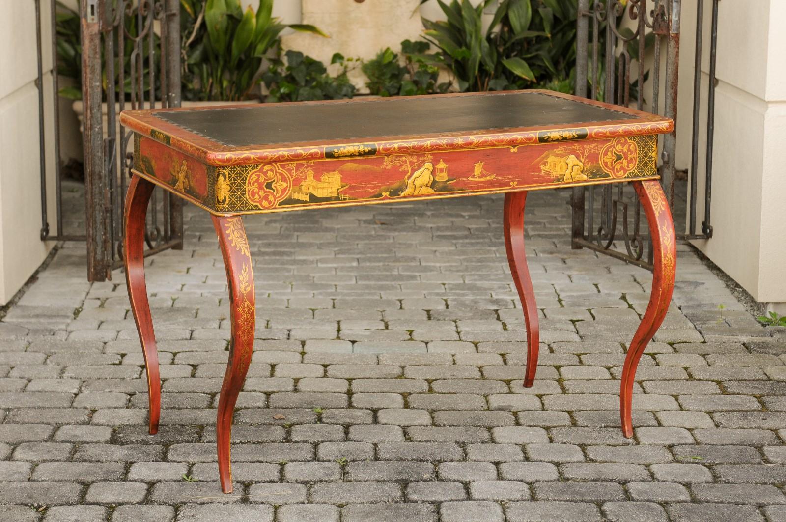 English Regency 1820s Table with Red Lacquered, Gold and Black Chinoiserie Decor For Sale 2