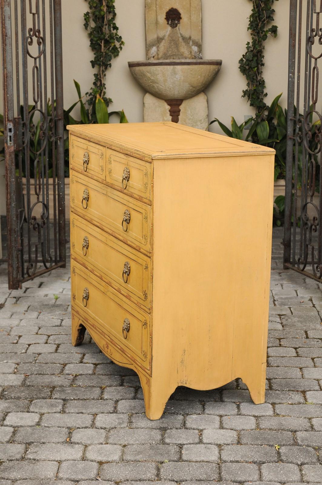 English Regency 1830s Five-Drawer Goldenrod Painted Commode with Floral Accents 5
