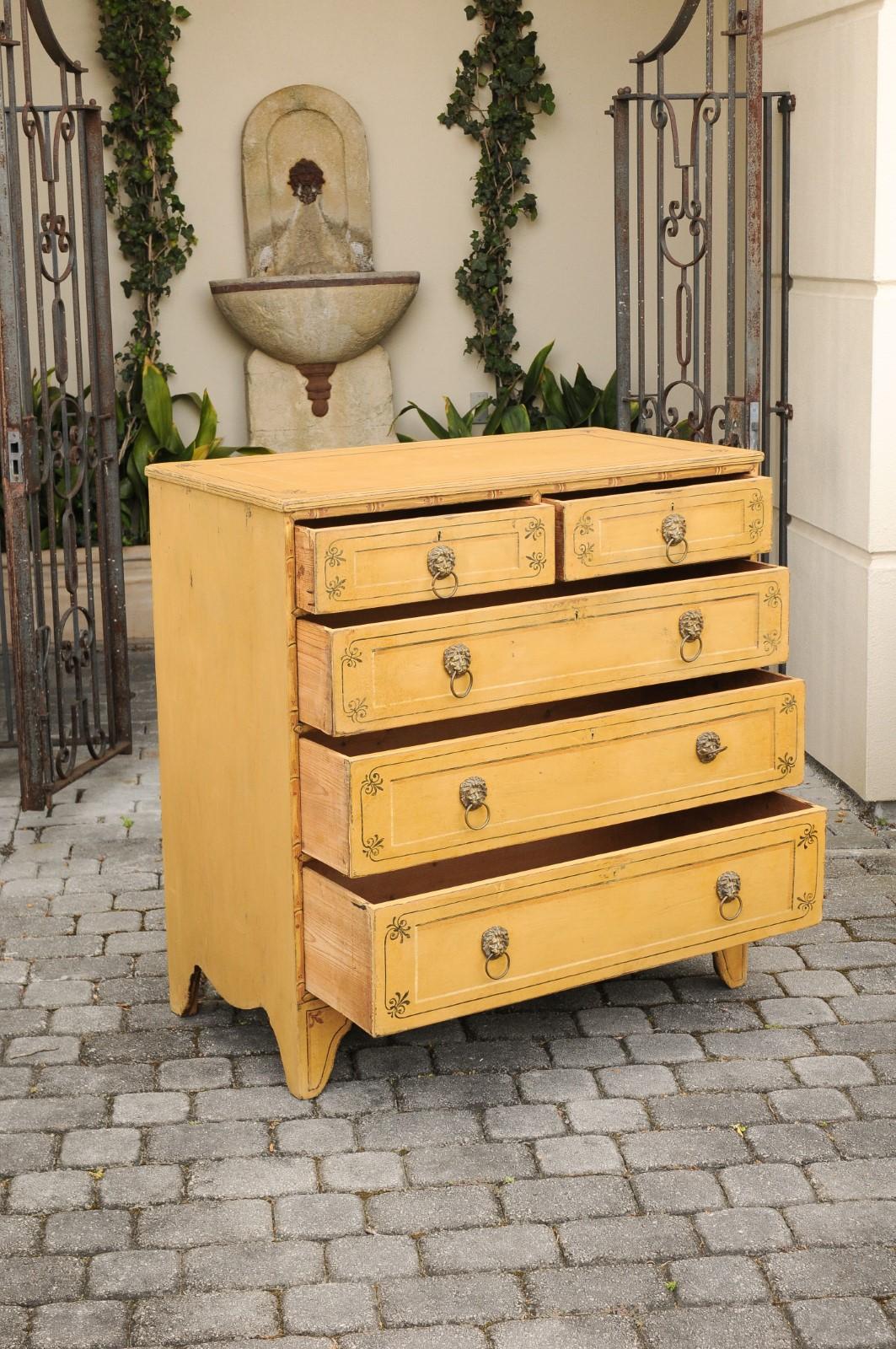 19th Century English Regency 1830s Five-Drawer Goldenrod Painted Commode with Floral Accents