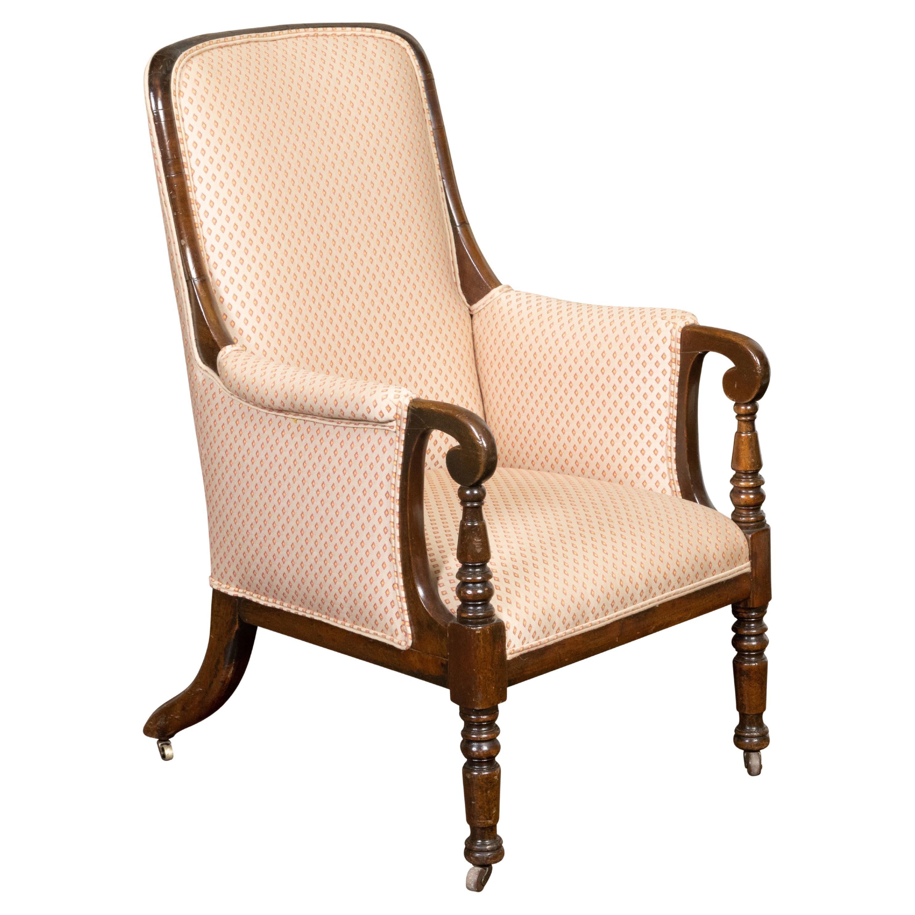 English Regency 1830s Mahogany Armchair with Scrolling Arms and Casters For Sale