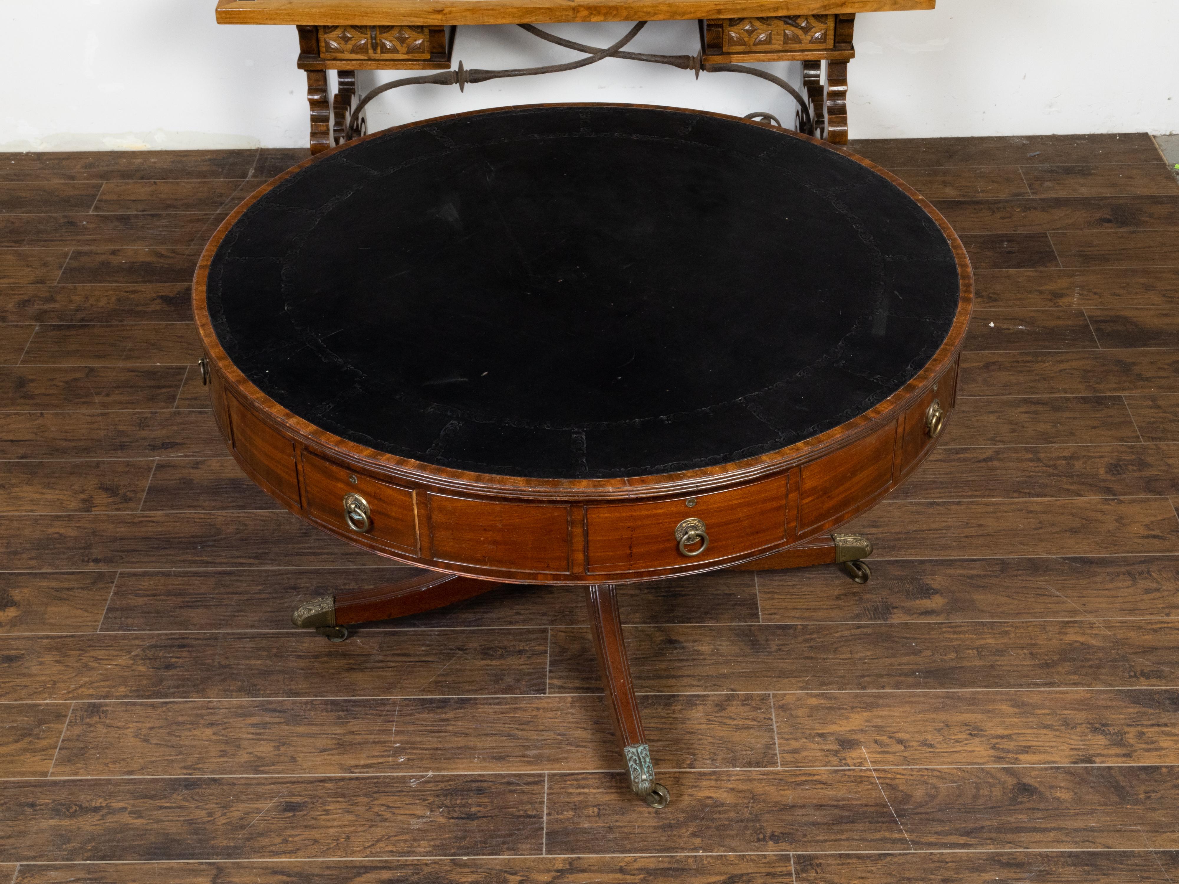 Embossed English Regency 1840s Mahogany Rent Table with Leather Top and Eight Drawers For Sale