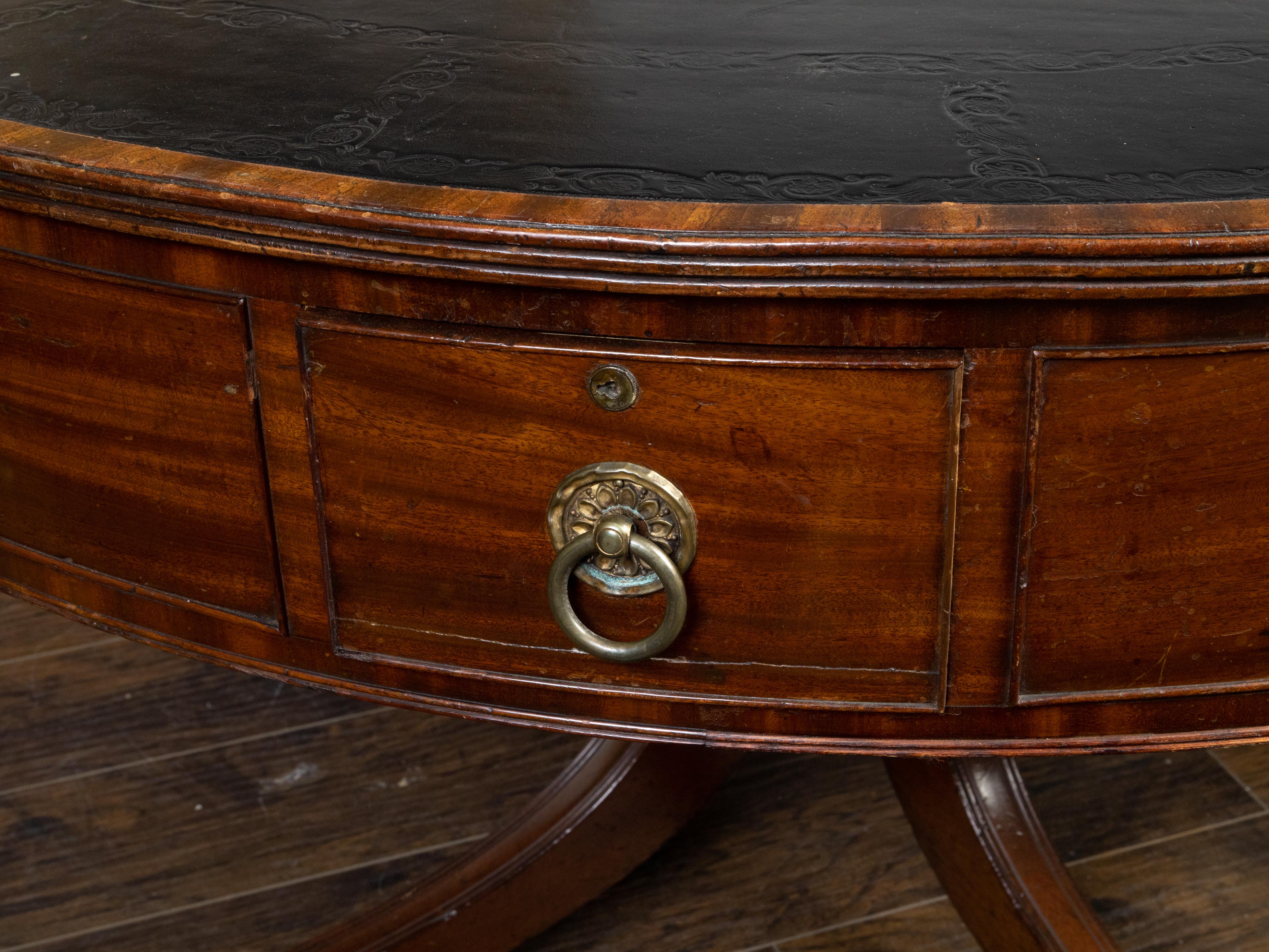 19th Century English Regency 1840s Mahogany Rent Table with Leather Top and Eight Drawers For Sale