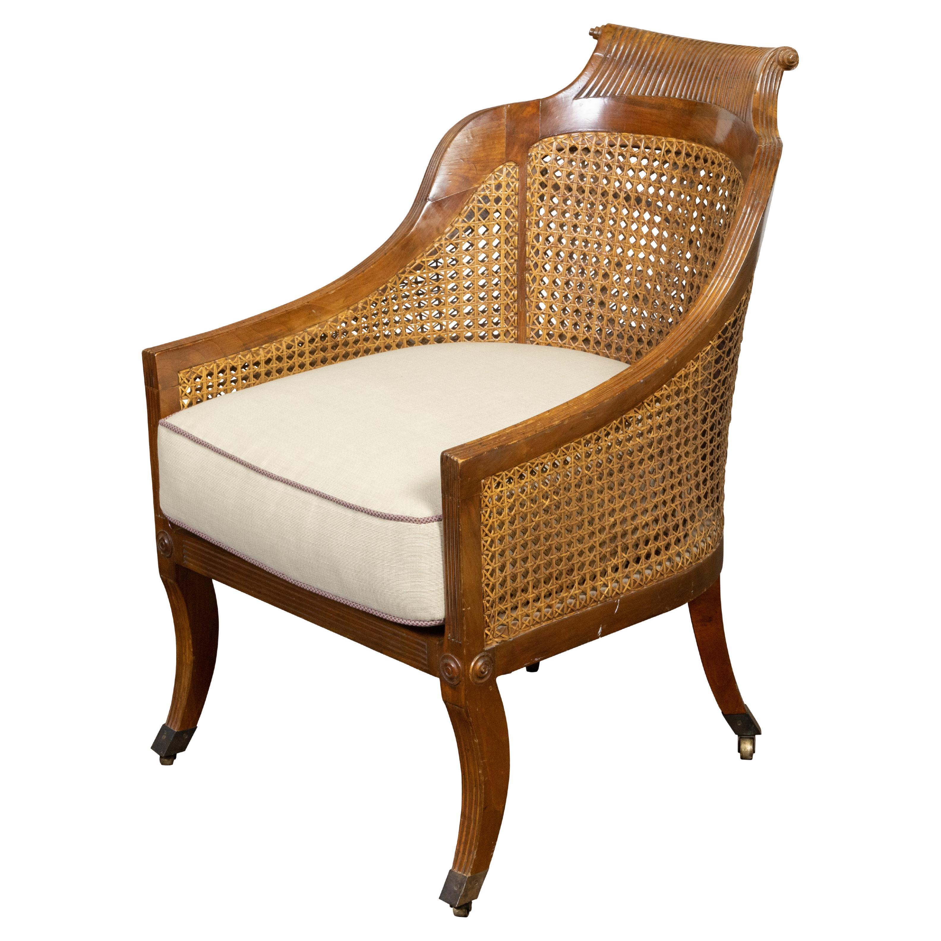 English Regency 19th Century Club Chair with Cane Back and Custom Cushion