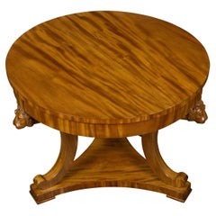 English Regency 19th Century Walnut Table with Carved Lion Heads and Tripod Base