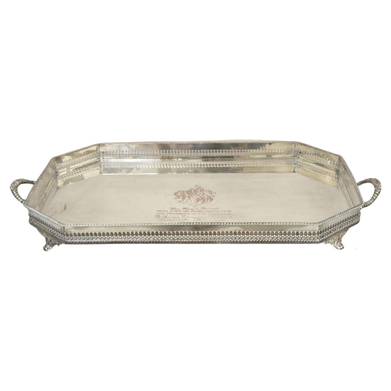 English Victorian Silver Plate Monogrammed and Engraved Serving Tray For Sale at 1stDibs