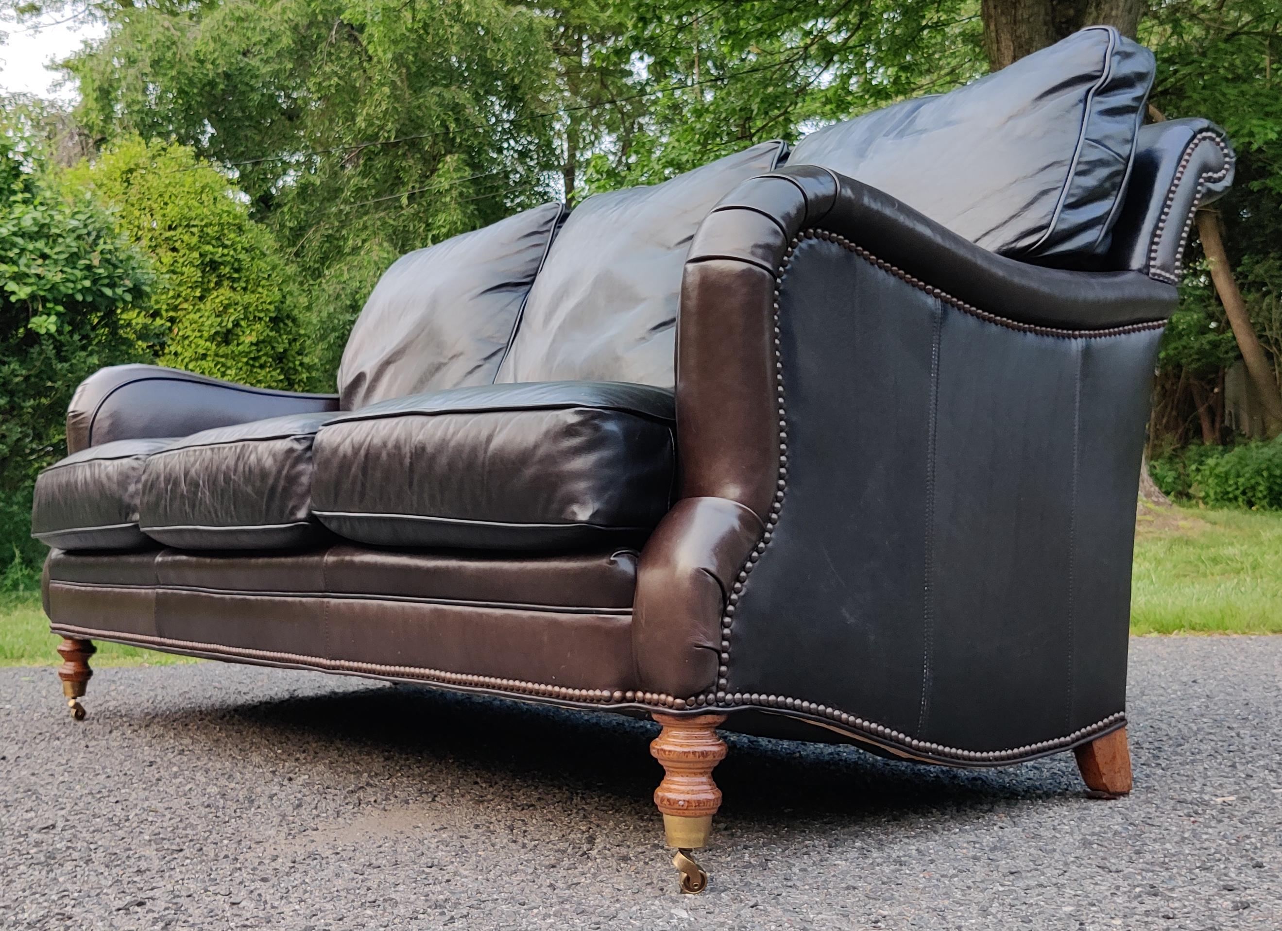 Turned English Regency 3-Seater 'Espresso' Leather & Brass Sofa, Style of George Smith For Sale