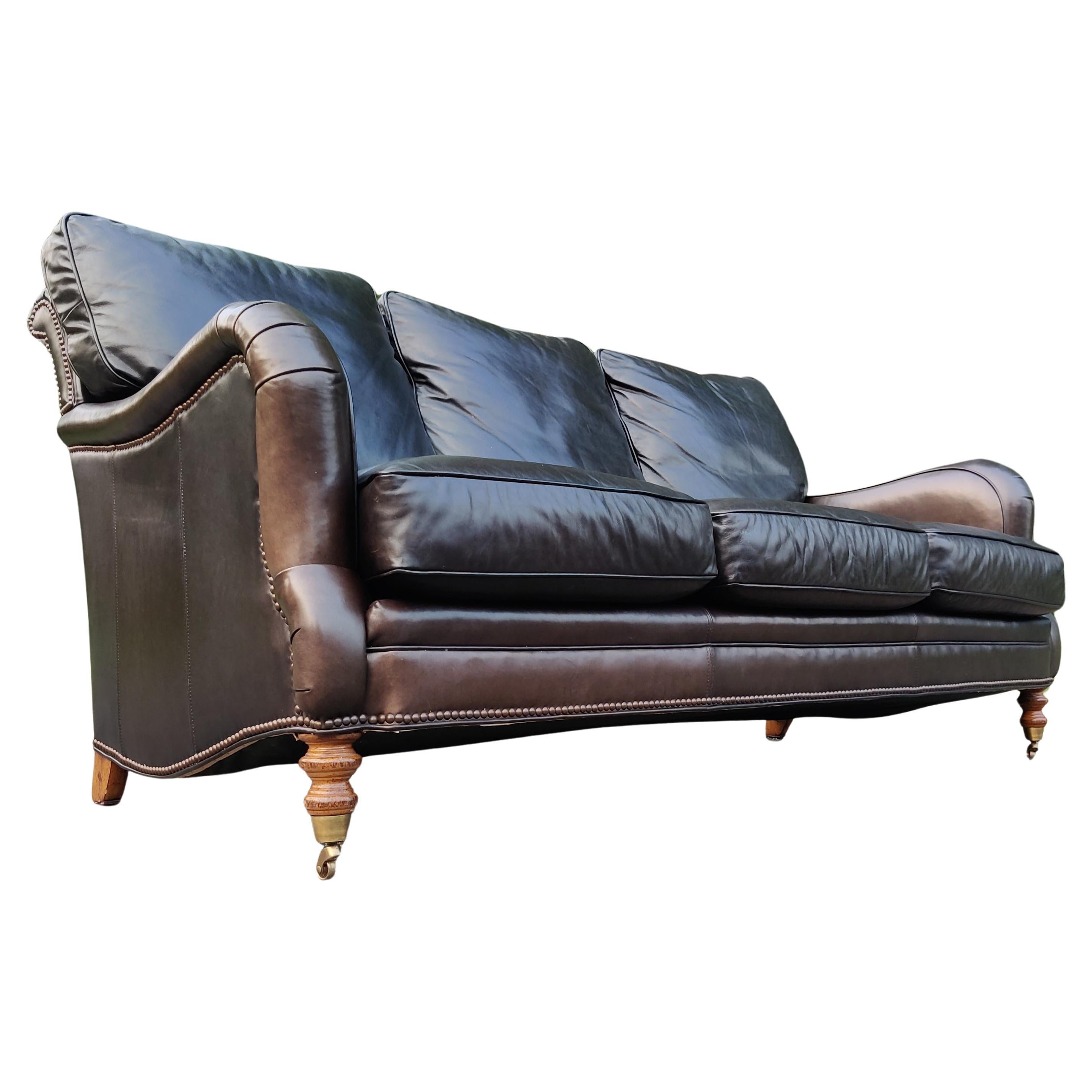 English Regency 3-Seater 'Espresso' Leather & Brass Sofa, Style of George Smith