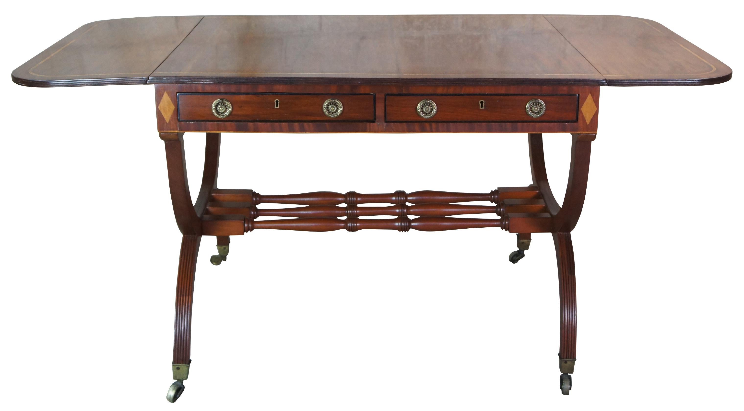 English Regency Antique 19th C Mahogany Dropleaf Library Writing Desk Sofa Table In Good Condition In Dayton, OH
