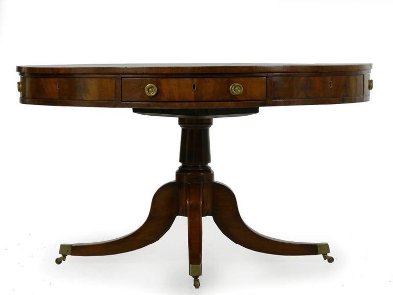 English Regency Antique Leather Drum Rent Round Table, circa 1820 For