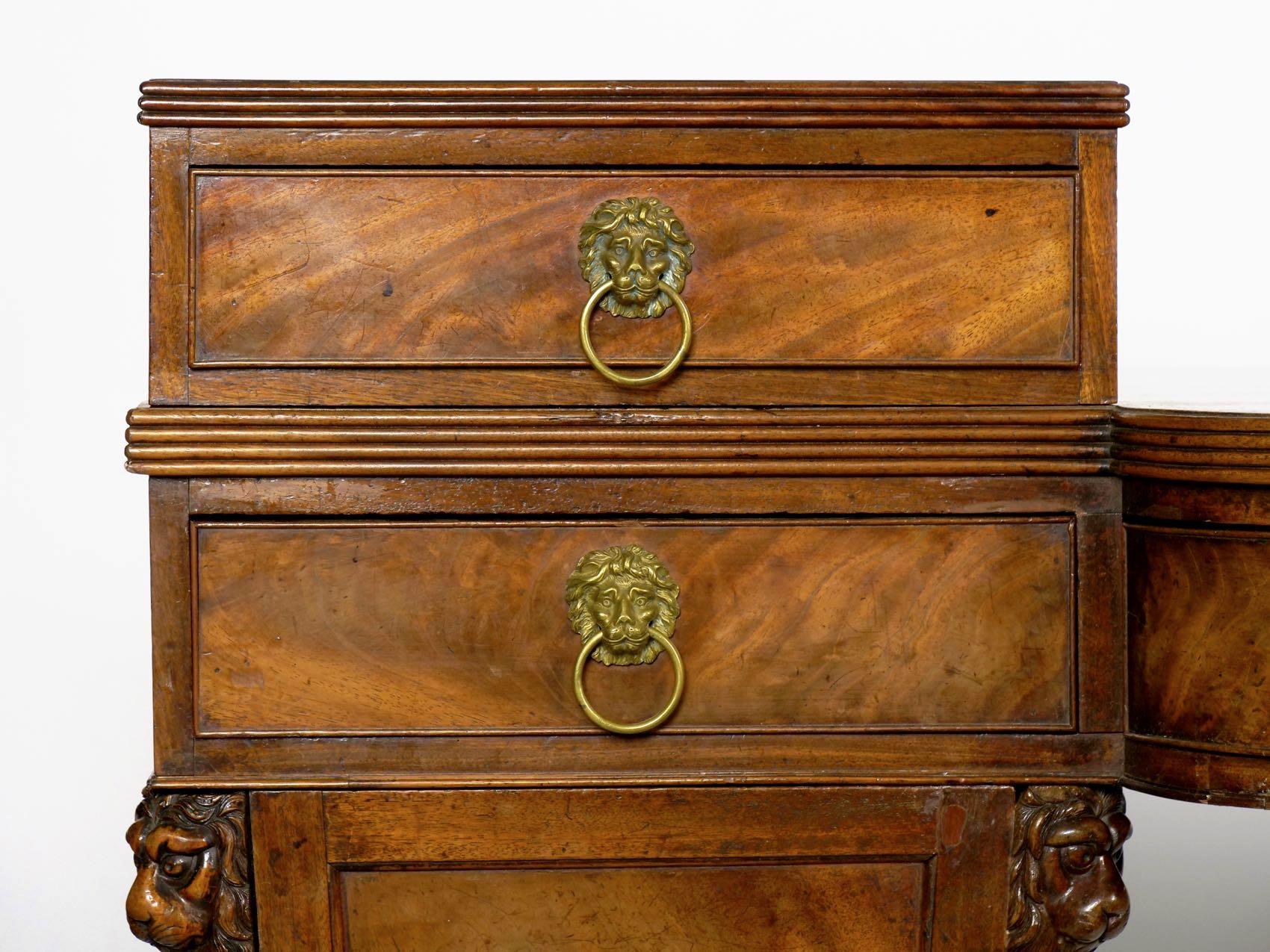 Brass English Regency Antique Mahogany Sideboard Server with Lion Heads, circa 1810