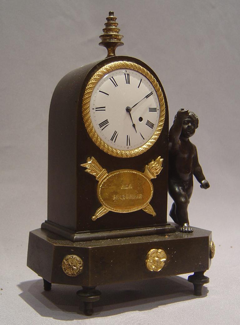 Early 19th Century English Regency Antique Miniature Mantel Clock in Patinated Bronze and Ormolu For Sale