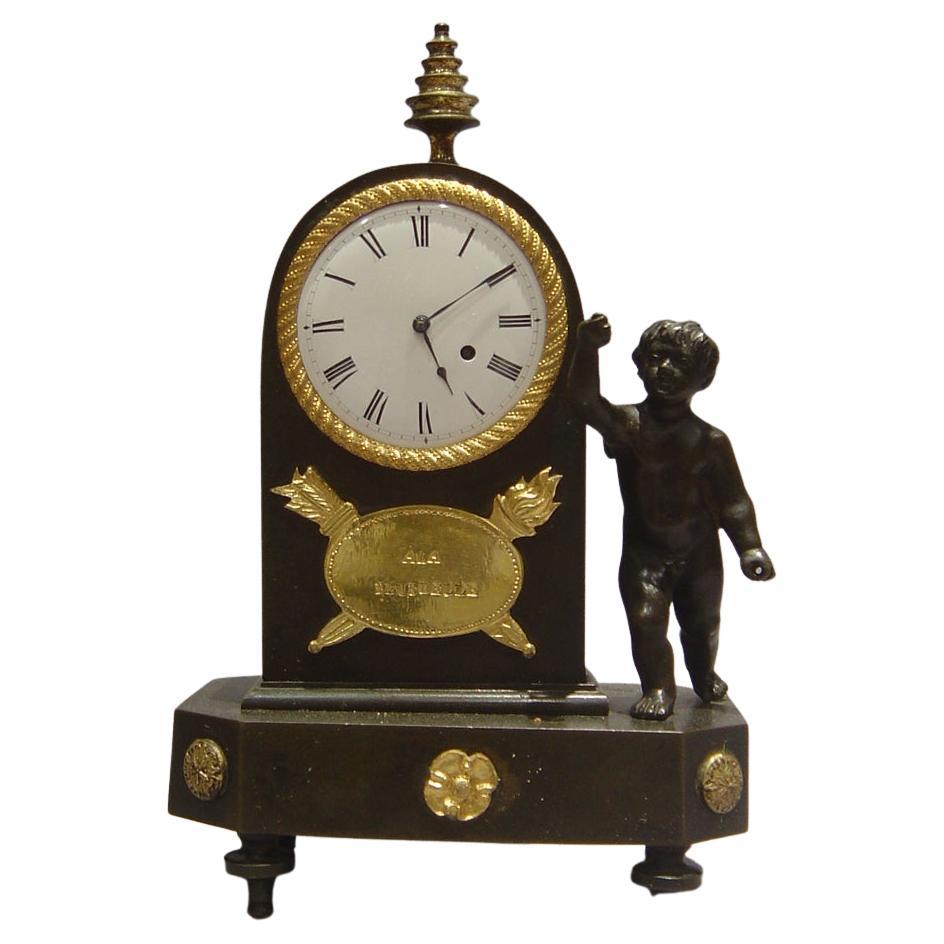 English Regency Antique Miniature Mantel Clock in Patinated Bronze and Ormolu For Sale