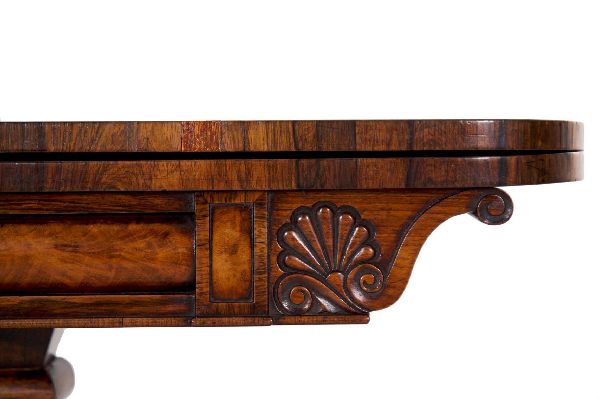 English Regency Antique Rosewood Carved Game Card Table, circa 1825 1