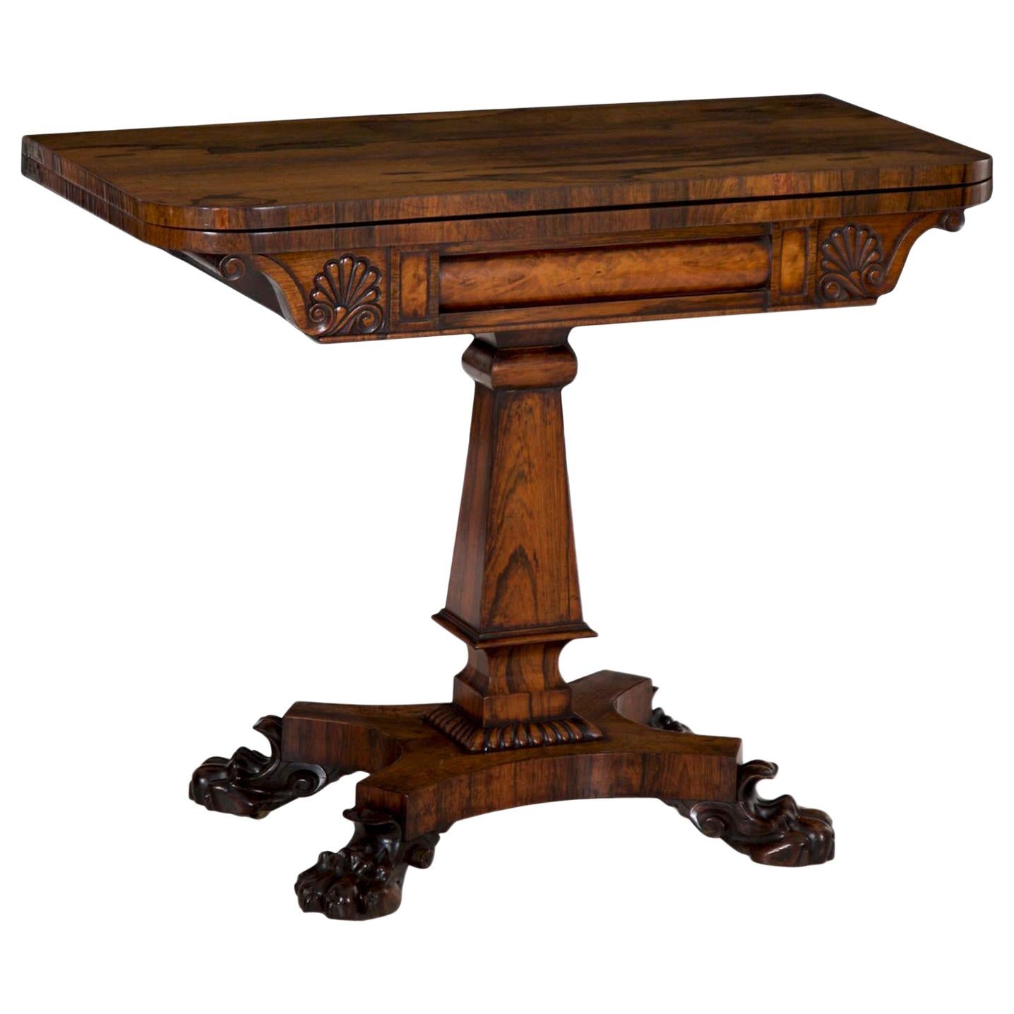 English Regency Antique Rosewood Carved Game Card Table, circa 1825