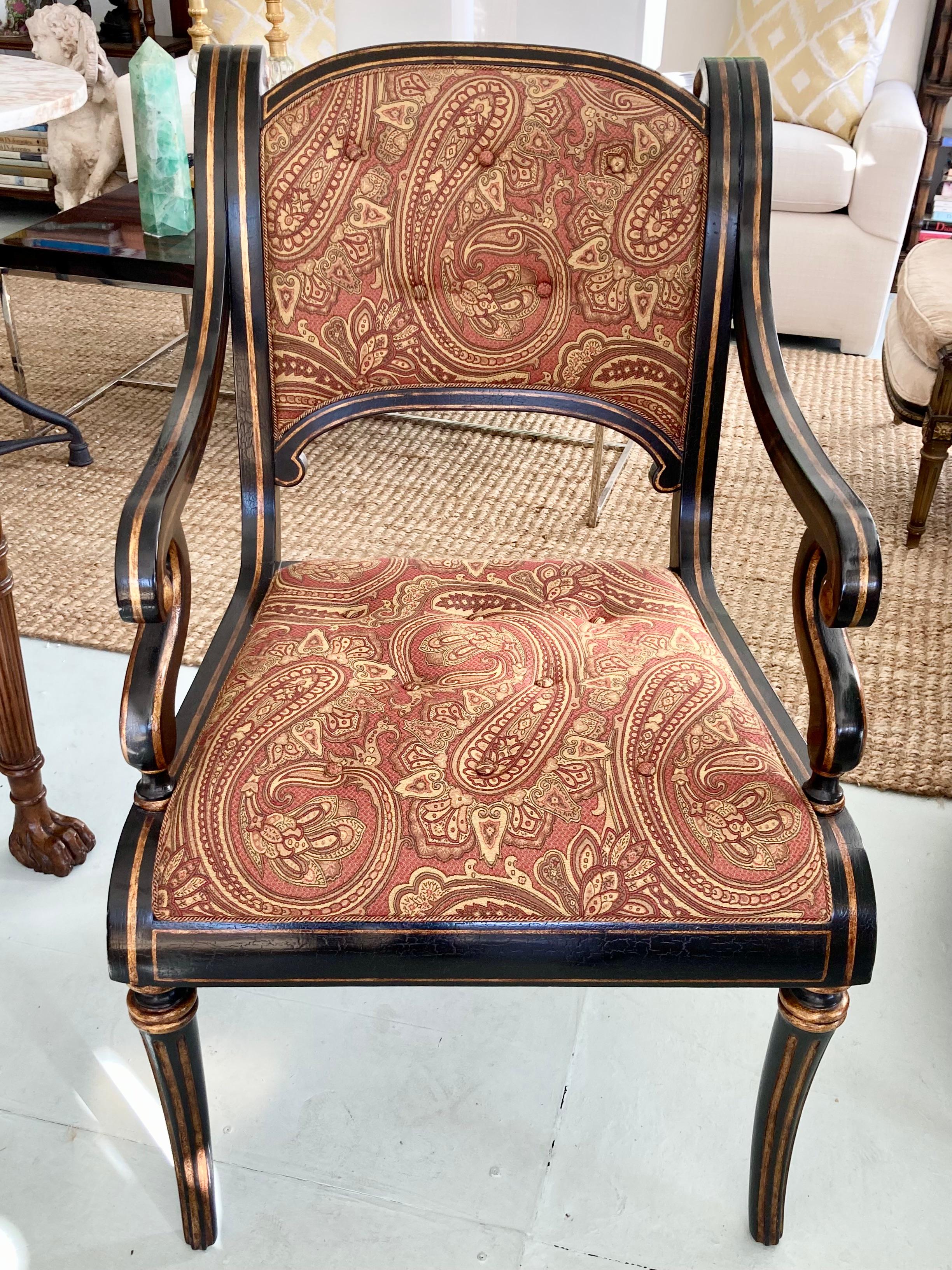 Fabulous English Regency style arm chair. Perfect for a desk chair, bedroom chair, or dressing room chair. Beautiful Paisley pattern textile covering. Add some architecture to your interiors with the gorgeous chair.