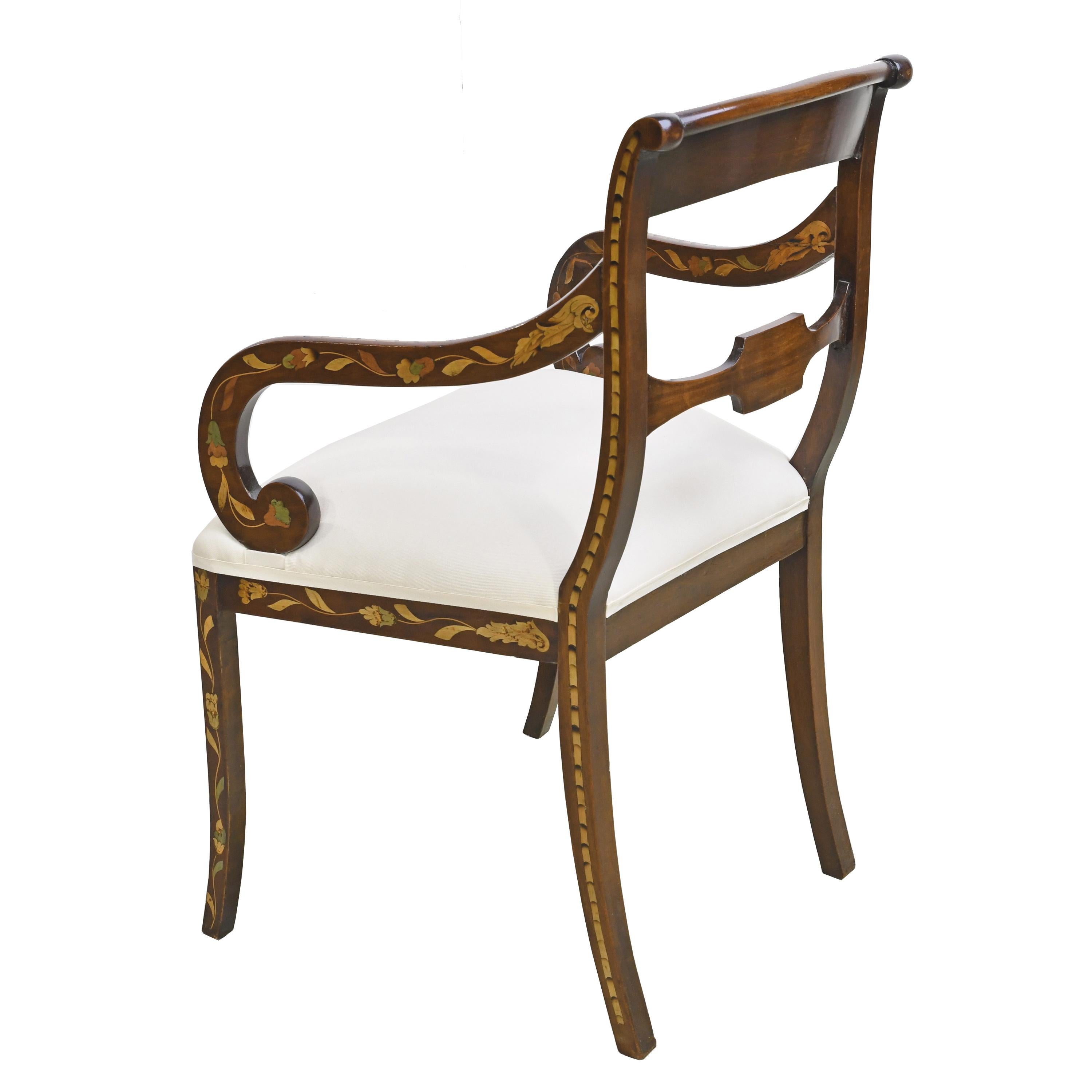 English Regency Mahogany Armchair w/ Floral Marquetry & Upholstered Seat, c 1820 In Good Condition In Miami, FL