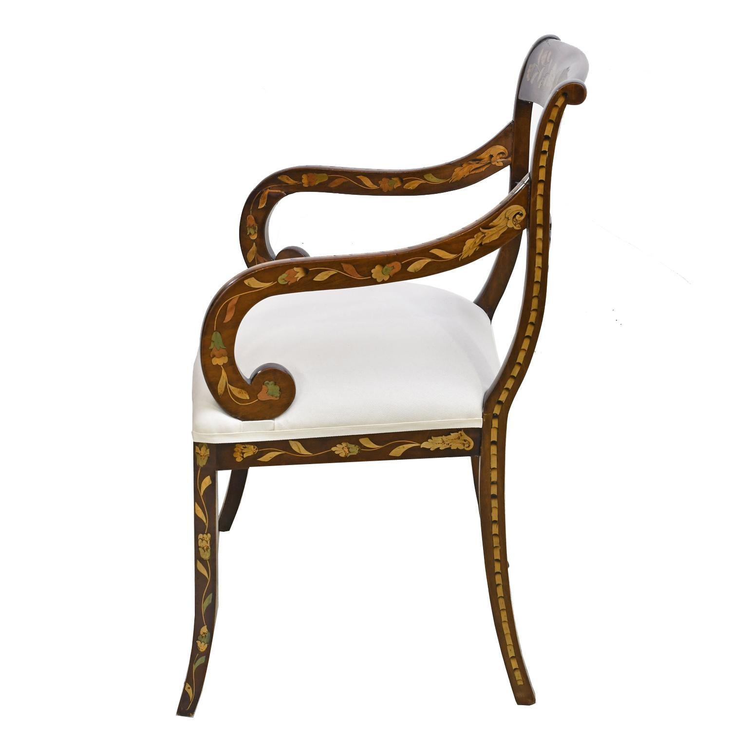 Inlay English Regency Mahogany Armchair w/ Floral Marquetry & Upholstered Seat, c 1820