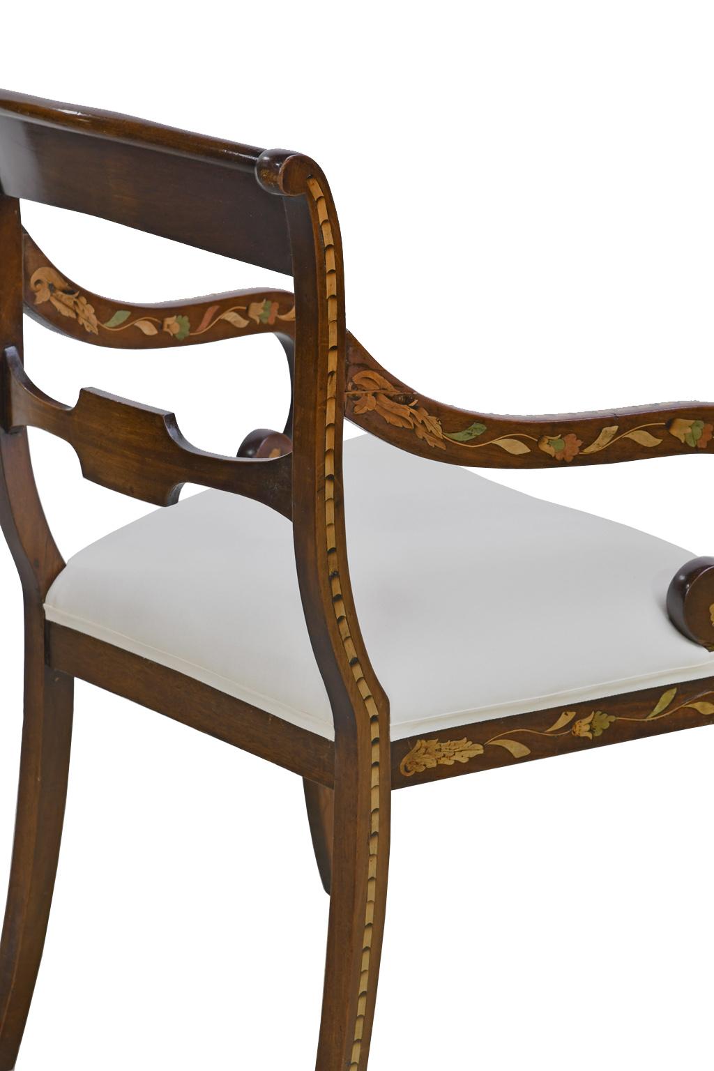 Upholstery English Regency Mahogany Armchair w/ Floral Marquetry & Upholstered Seat, c 1820
