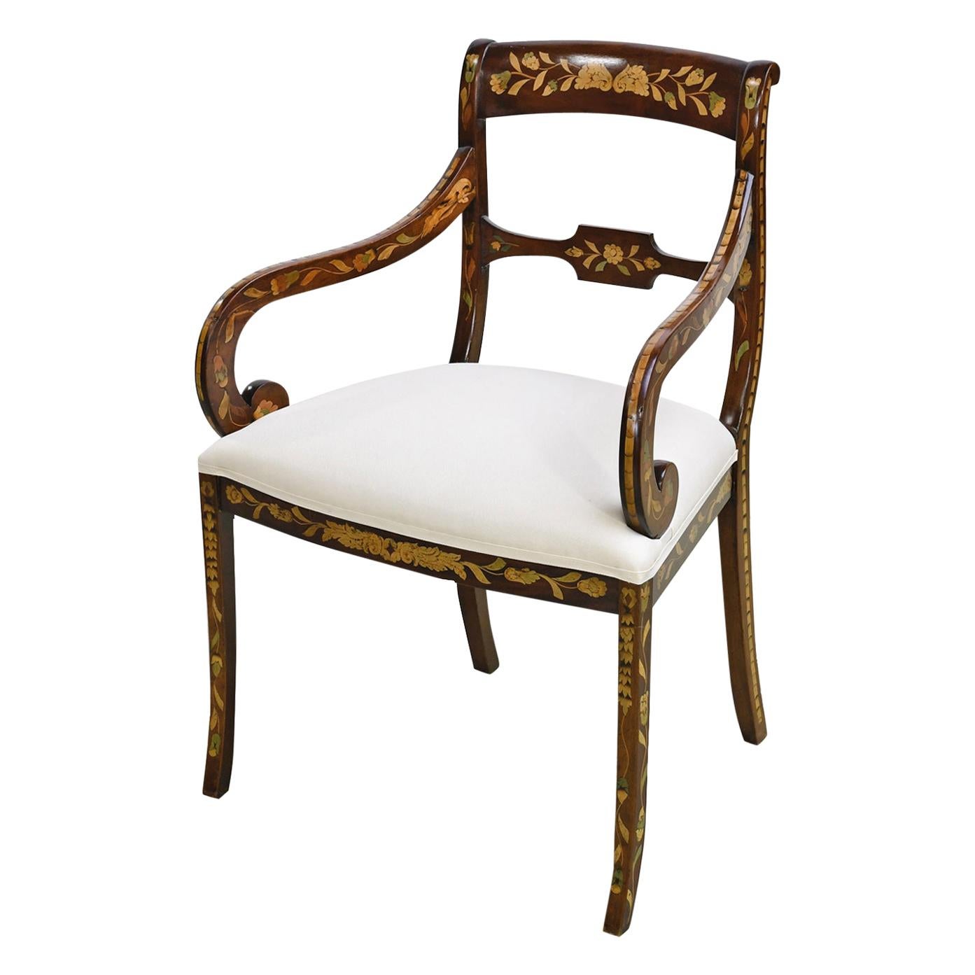 English Regency Mahogany Armchair w/ Floral Marquetry & Upholstered Seat, c 1820