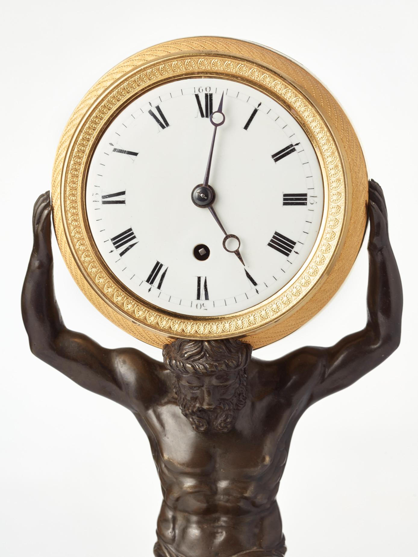 Bronze English Regency 'Atlas' drum mantel clock by Baetens For Sale