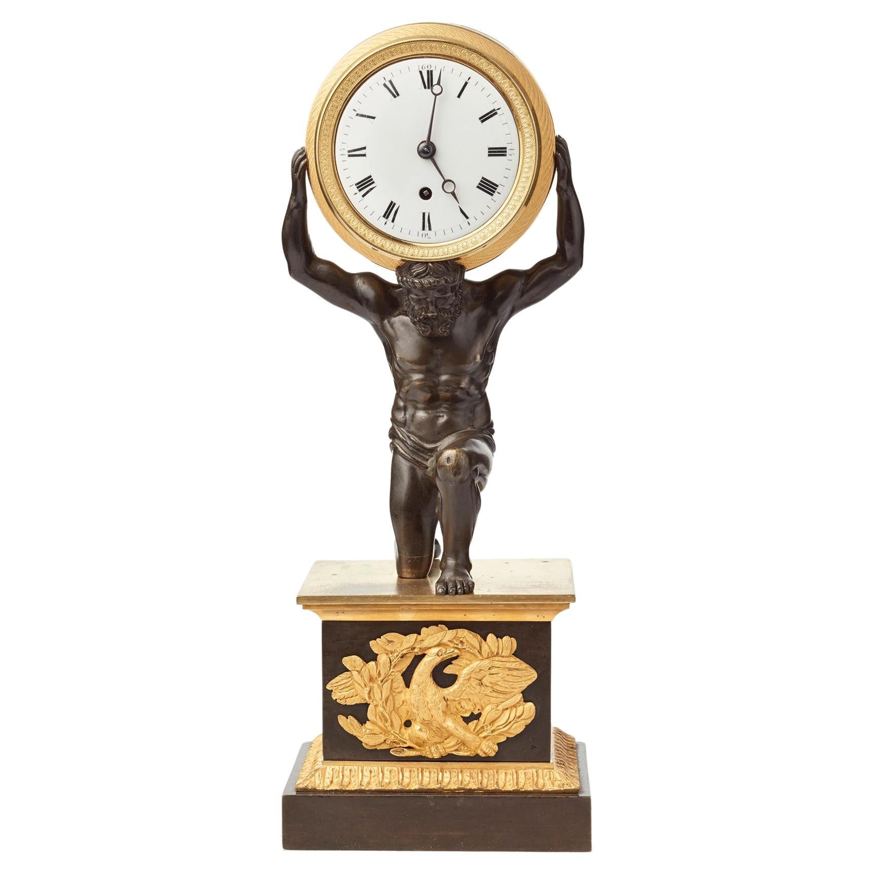 English Regency 'Atlas' drum mantel clock by Baetens For Sale
