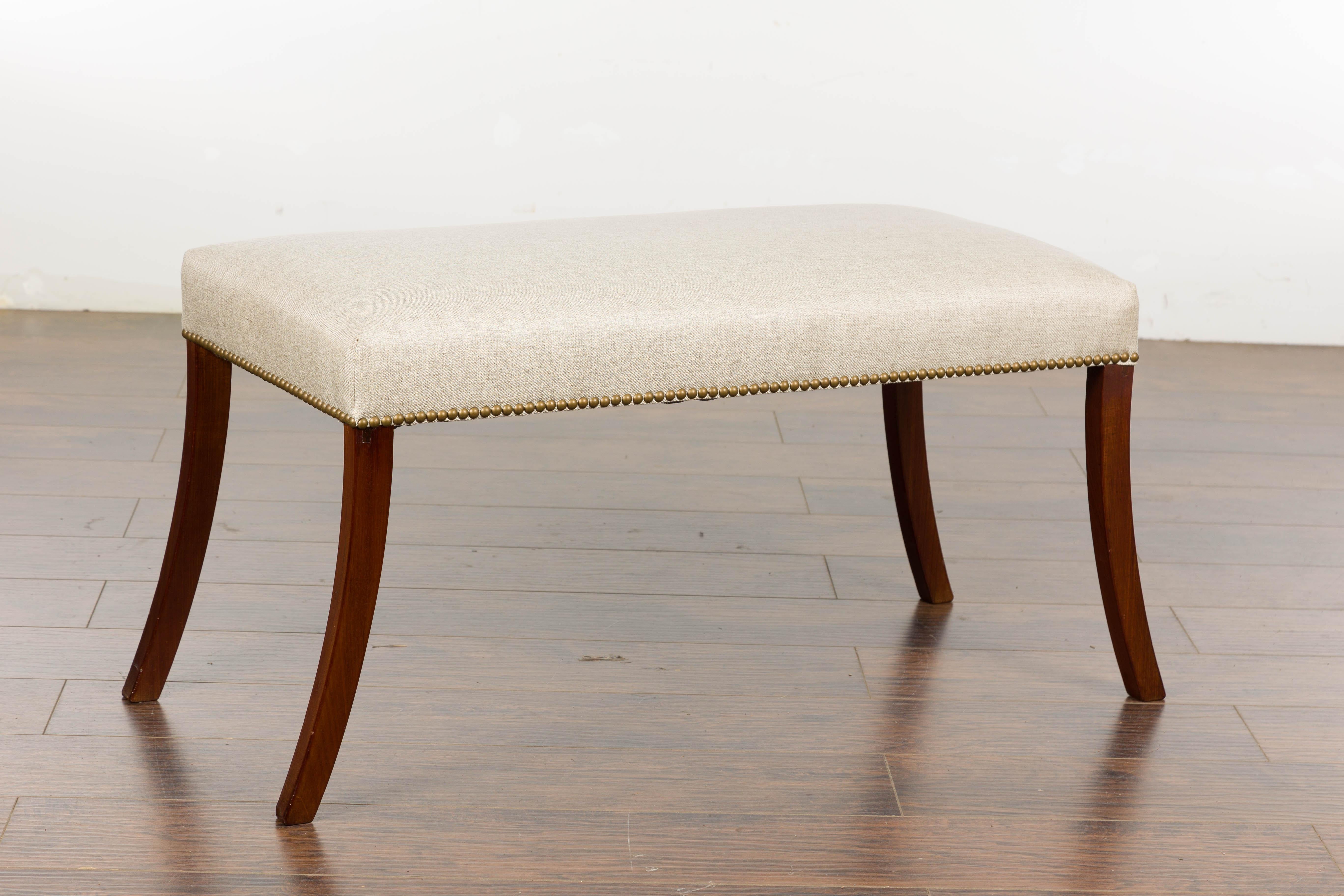 English Regency Bench with Saber Legs and Custom Linen Upholstery For Sale 4