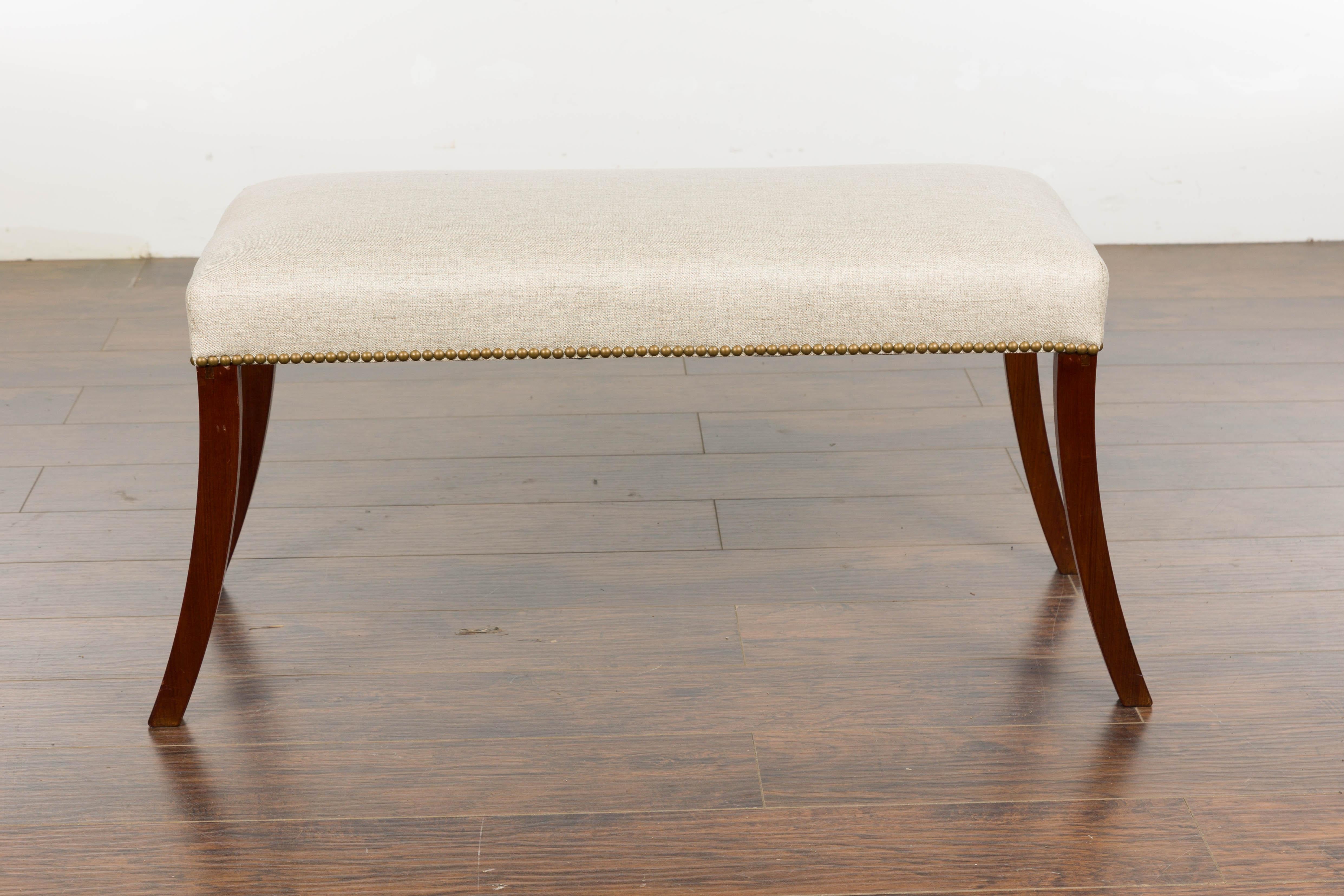 English Regency Bench with Saber Legs and Custom Linen Upholstery For Sale 6