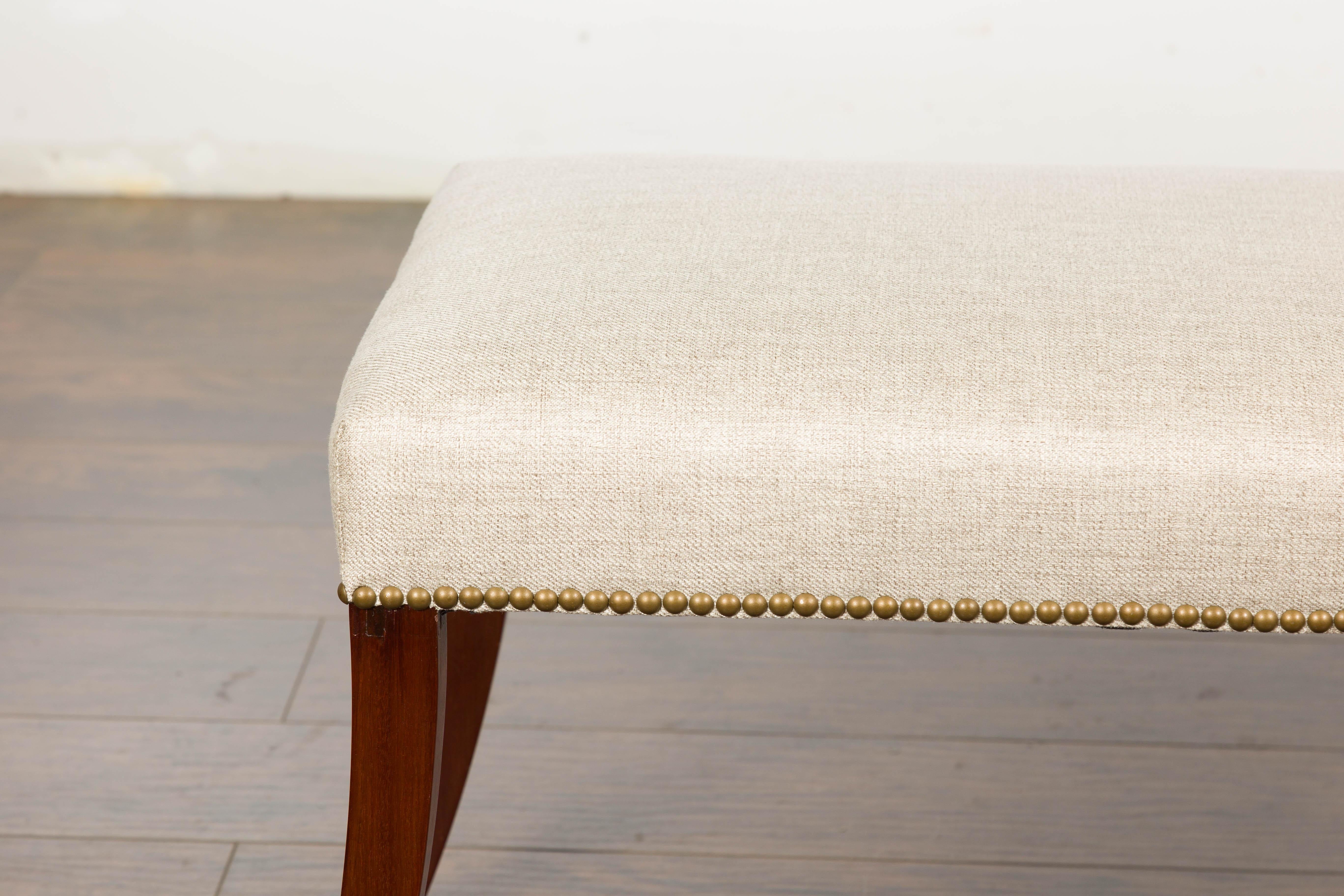 Brass English Regency Bench with Saber Legs and Custom Linen Upholstery For Sale