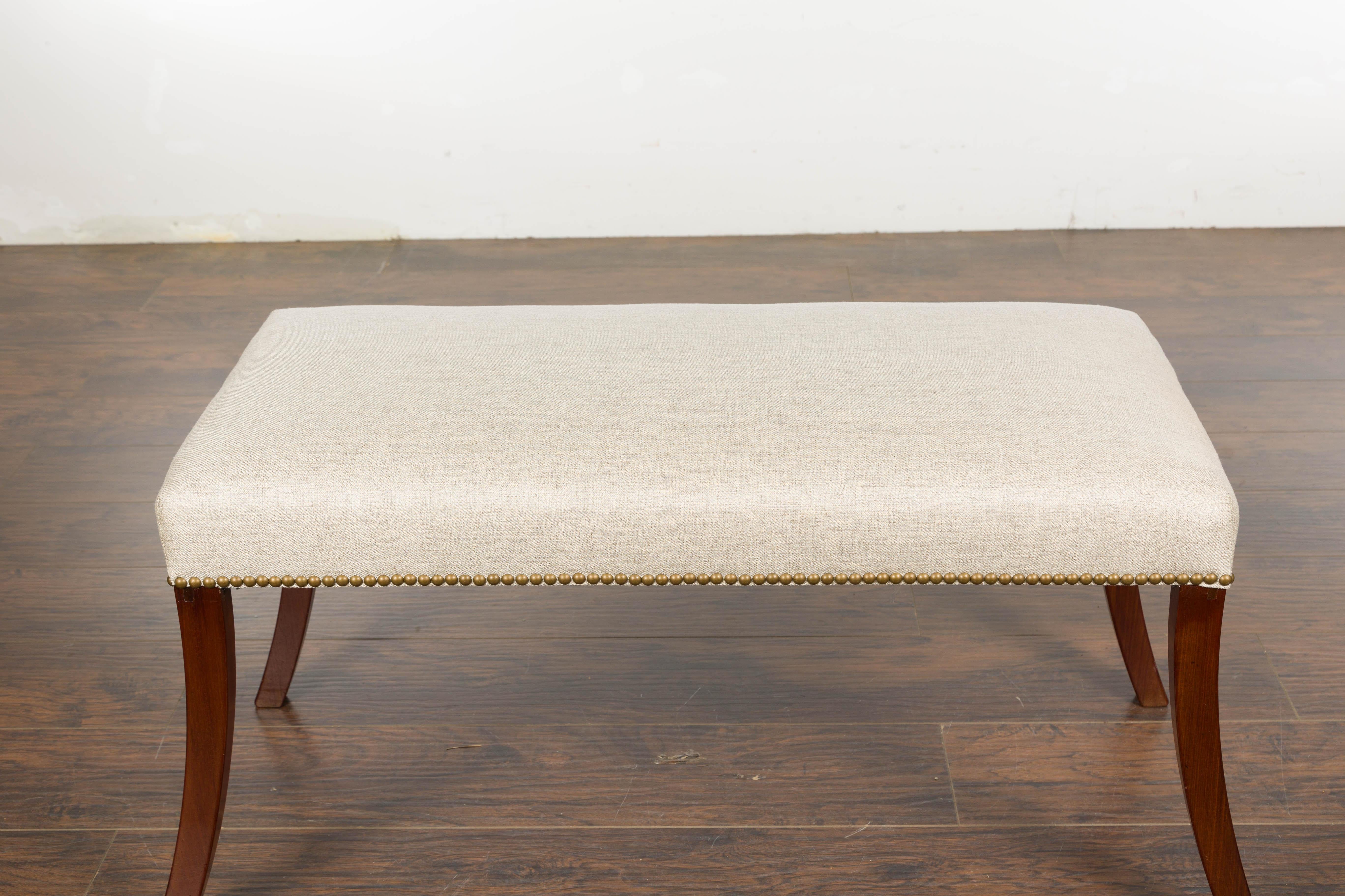 English Regency Bench with Saber Legs and Custom Linen Upholstery For Sale 3