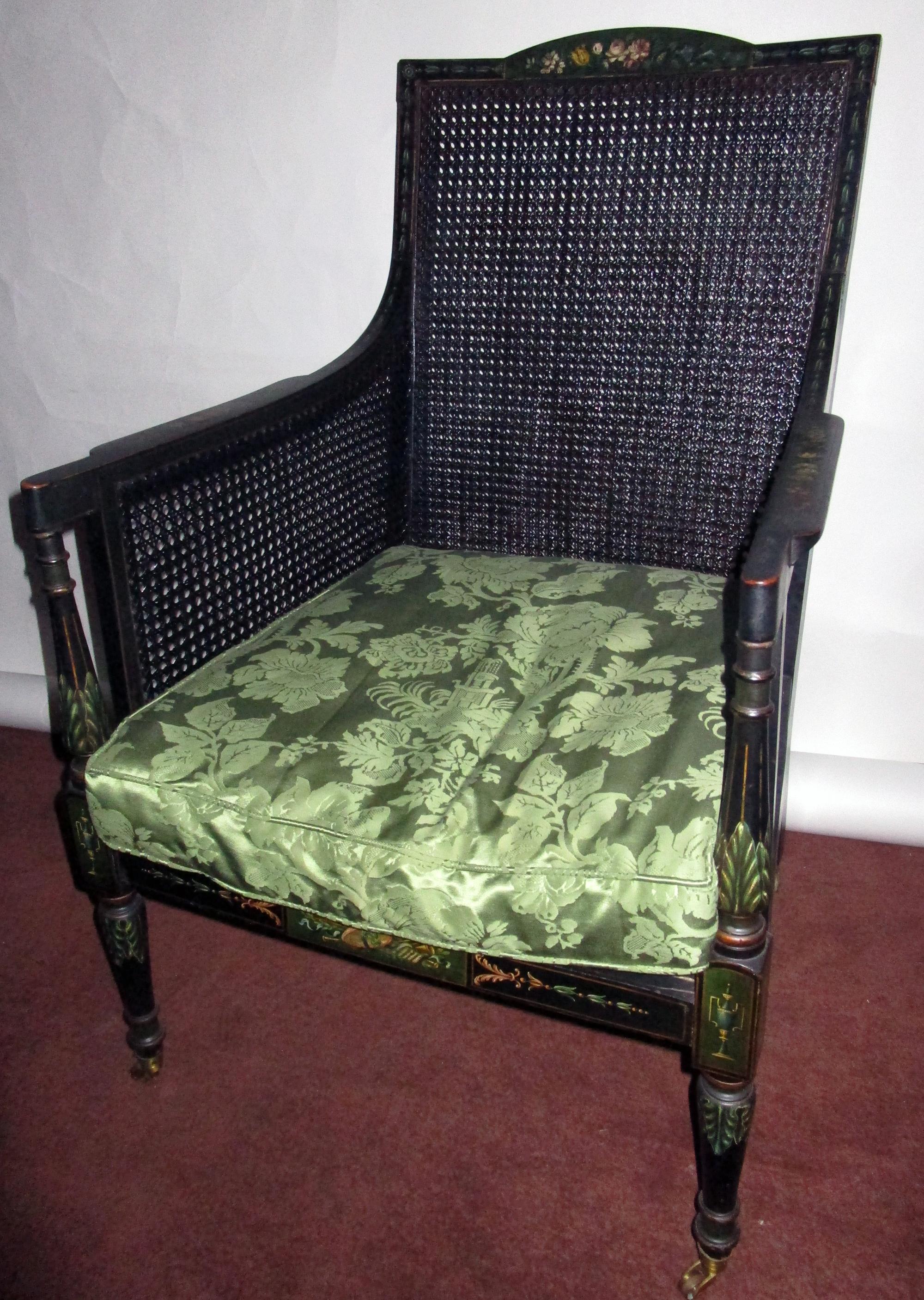 Damask English Regency Bergere Chair Painted Ebonized Wood and Cane For Sale