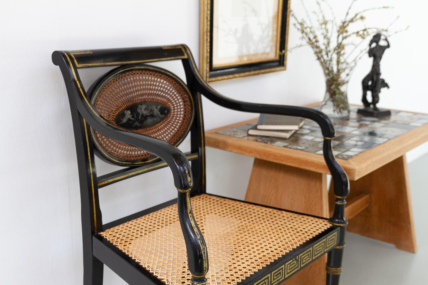 English Regency Black and Gold Armchair, 19th Century. 13