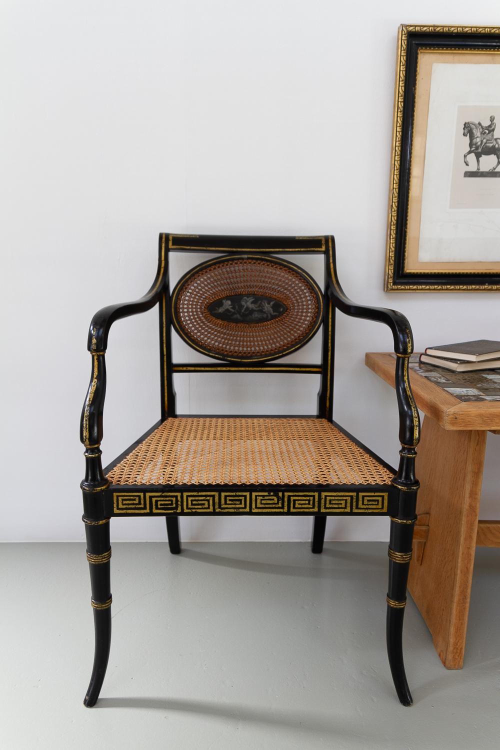 English Regency Black and Gold Armchair, 19th Century. 15