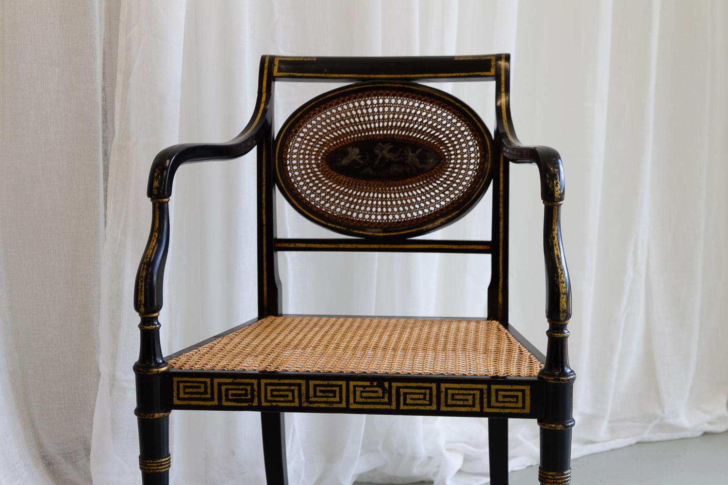 English Regency Black and Gold Armchair, 19th Century. 1