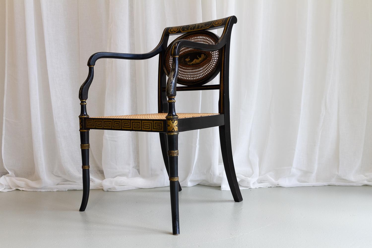 English Regency Black and Gold Armchair, 19th Century. For Sale 5