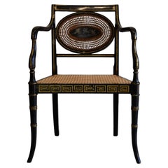 Antique English Regency Black and Gold Armchair, 19th Century.