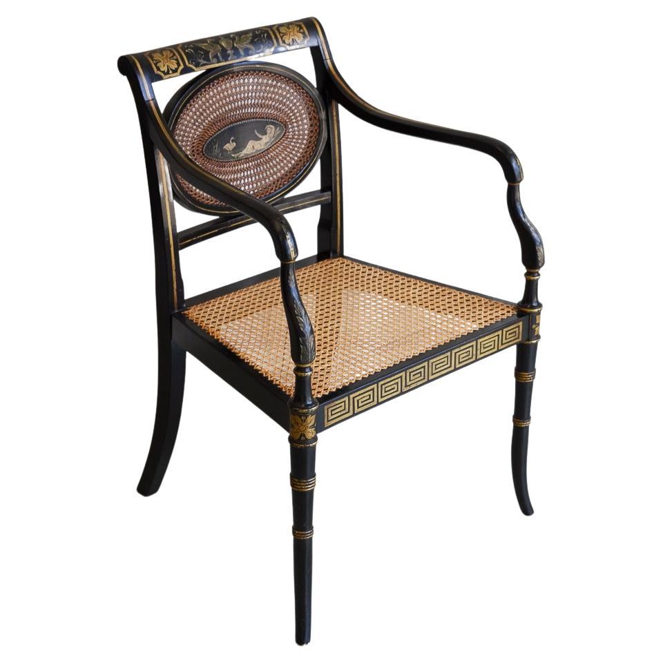 English Regency Black and Gold Armchair, 19th Century.