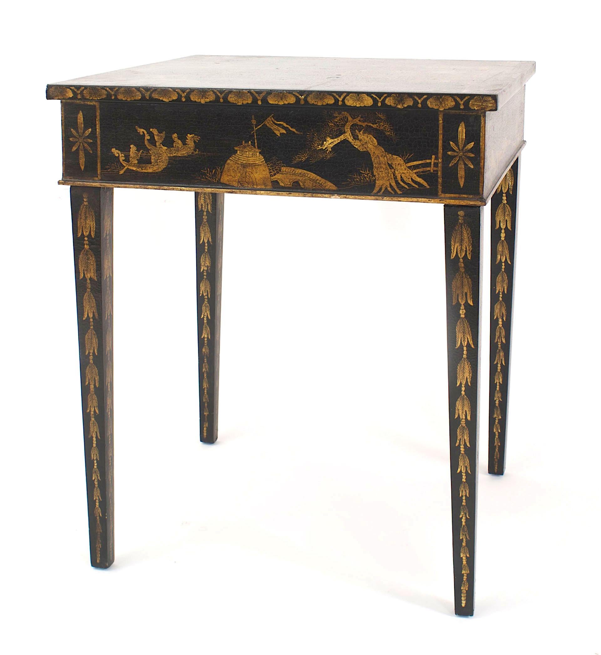 Pair of English Regency style black lacquered chinoiserie decorated square end tables (Priced as Pair). 