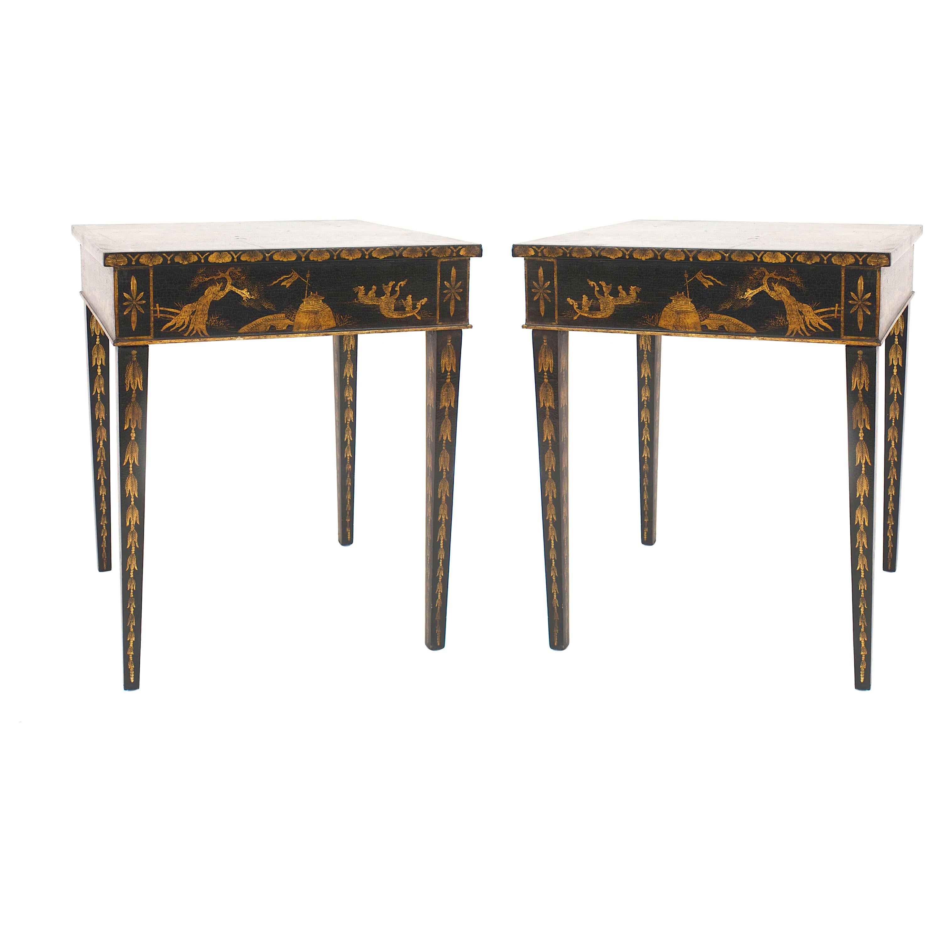 Pair of English Regency Black Lacquered Chinoiserie End Tables