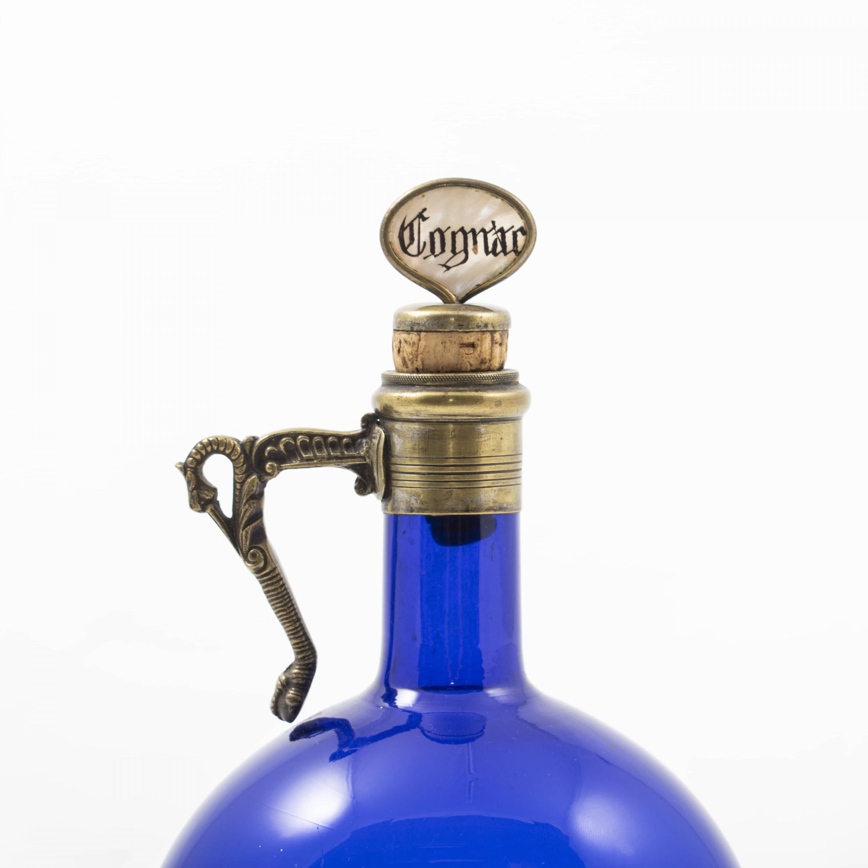 Bronze English Regency Blue Glass Cognac Decanter For Sale