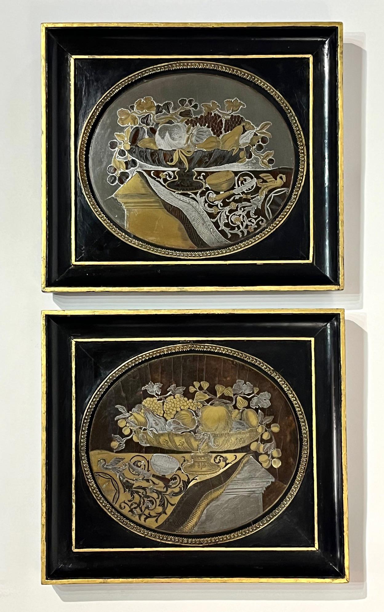 Englische Regency-Stilllebenbilder mit Boulle-Einlegearbeiten, Paar, um 1815 im Angebot 4