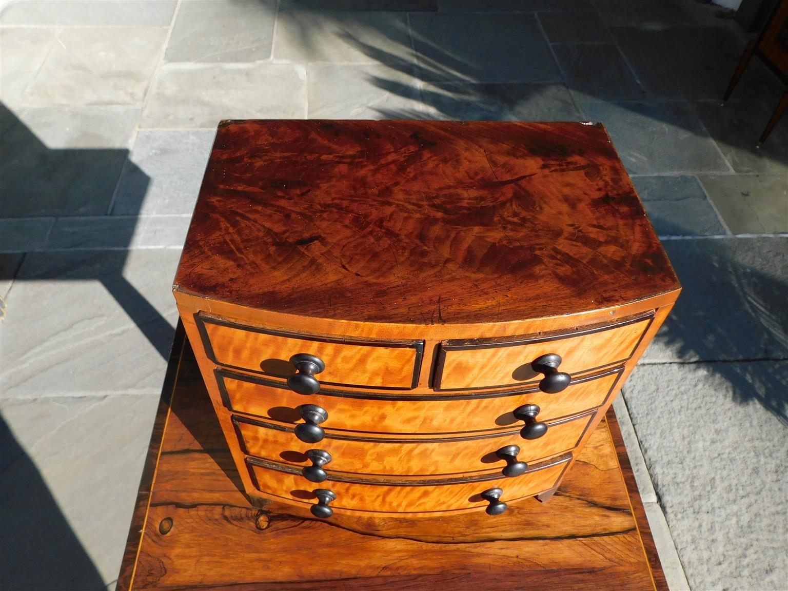 English Regency Bow Front Mahogany & Satinwood Ebonized Miniature Chest, C. 1810 In Excellent Condition In Hollywood, SC