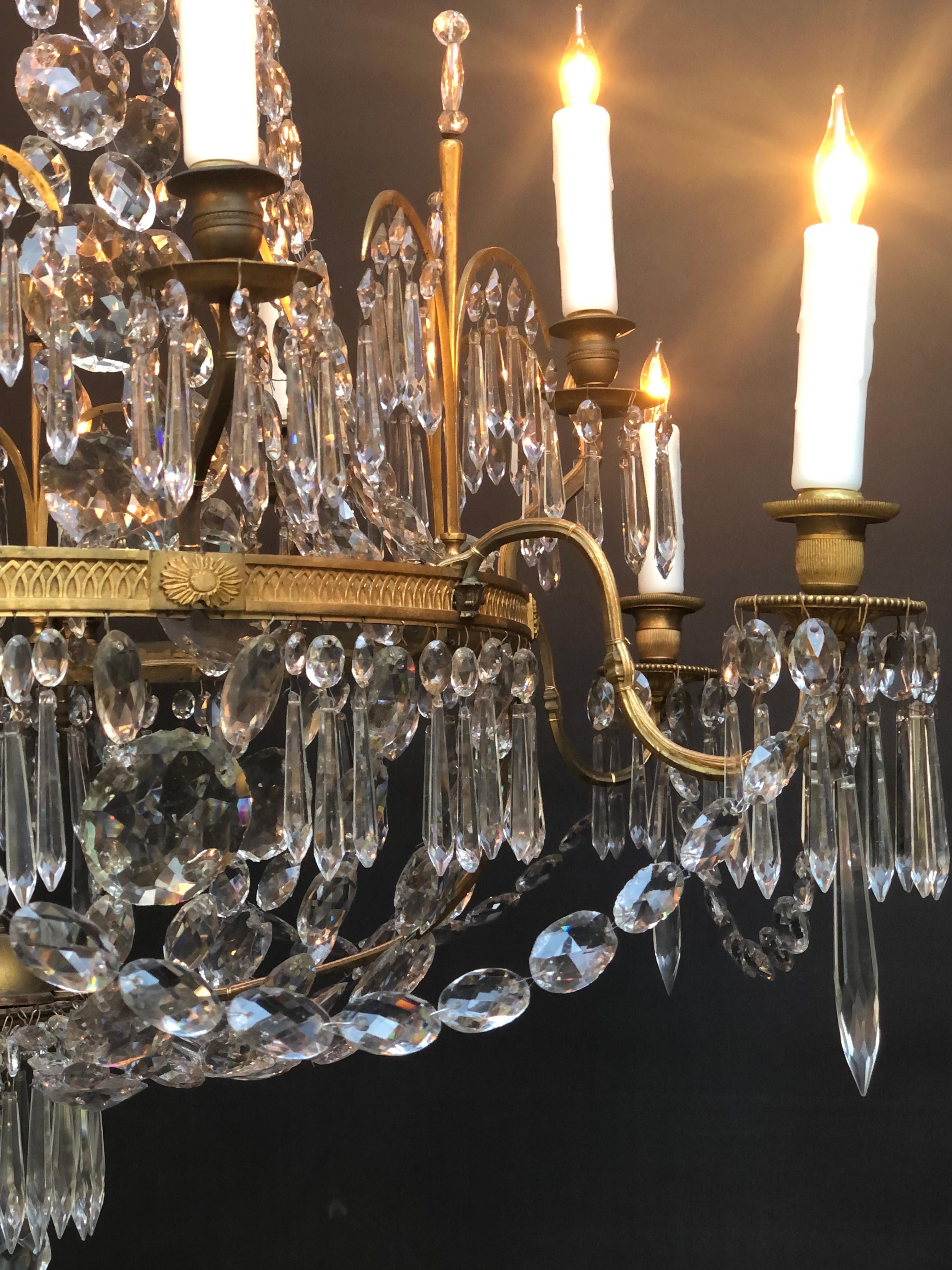 English Regency Brass And Crystal Twelve Candle Chandelier 6