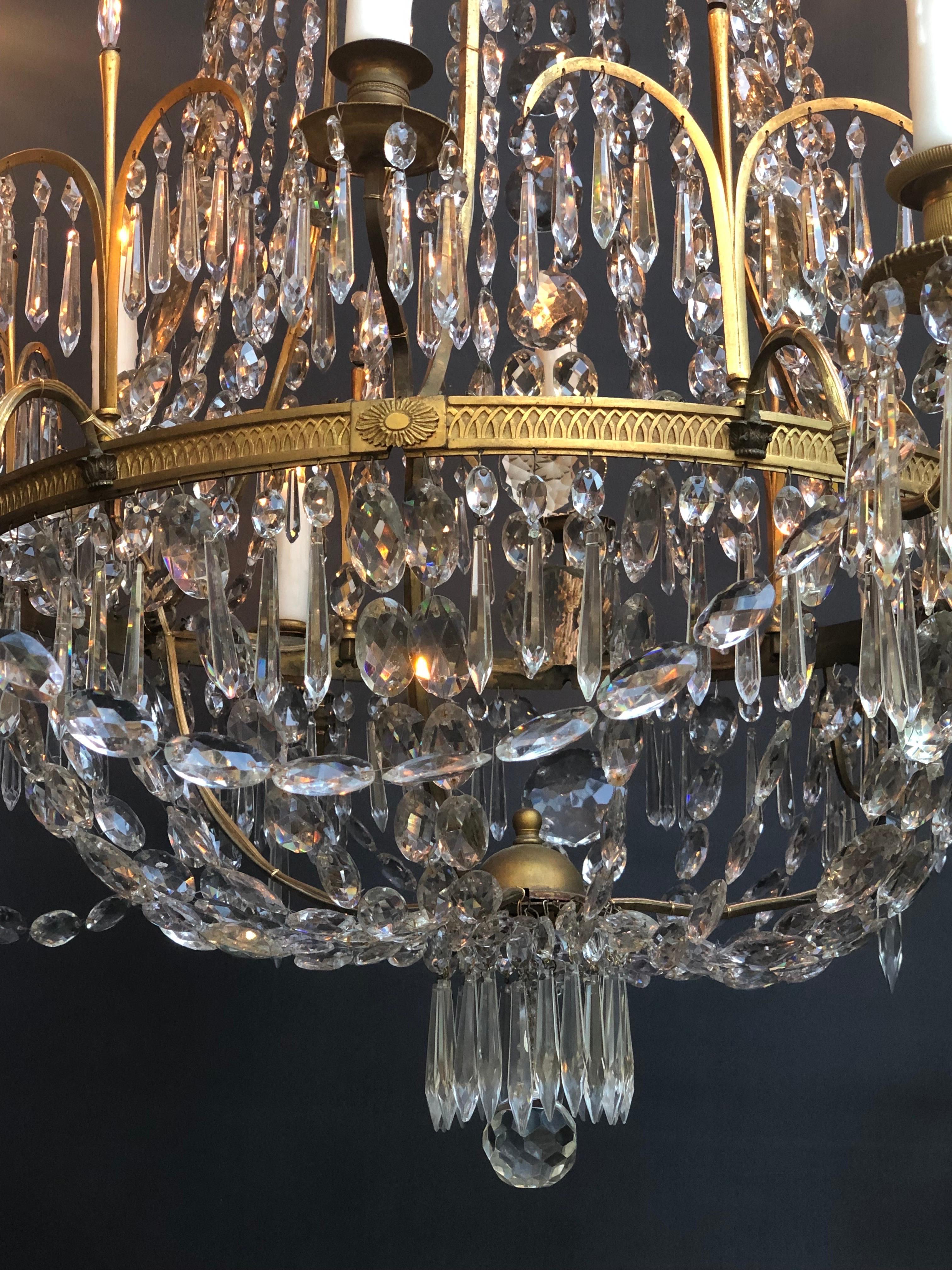 English Regency Brass And Crystal Twelve Candle Chandelier 8