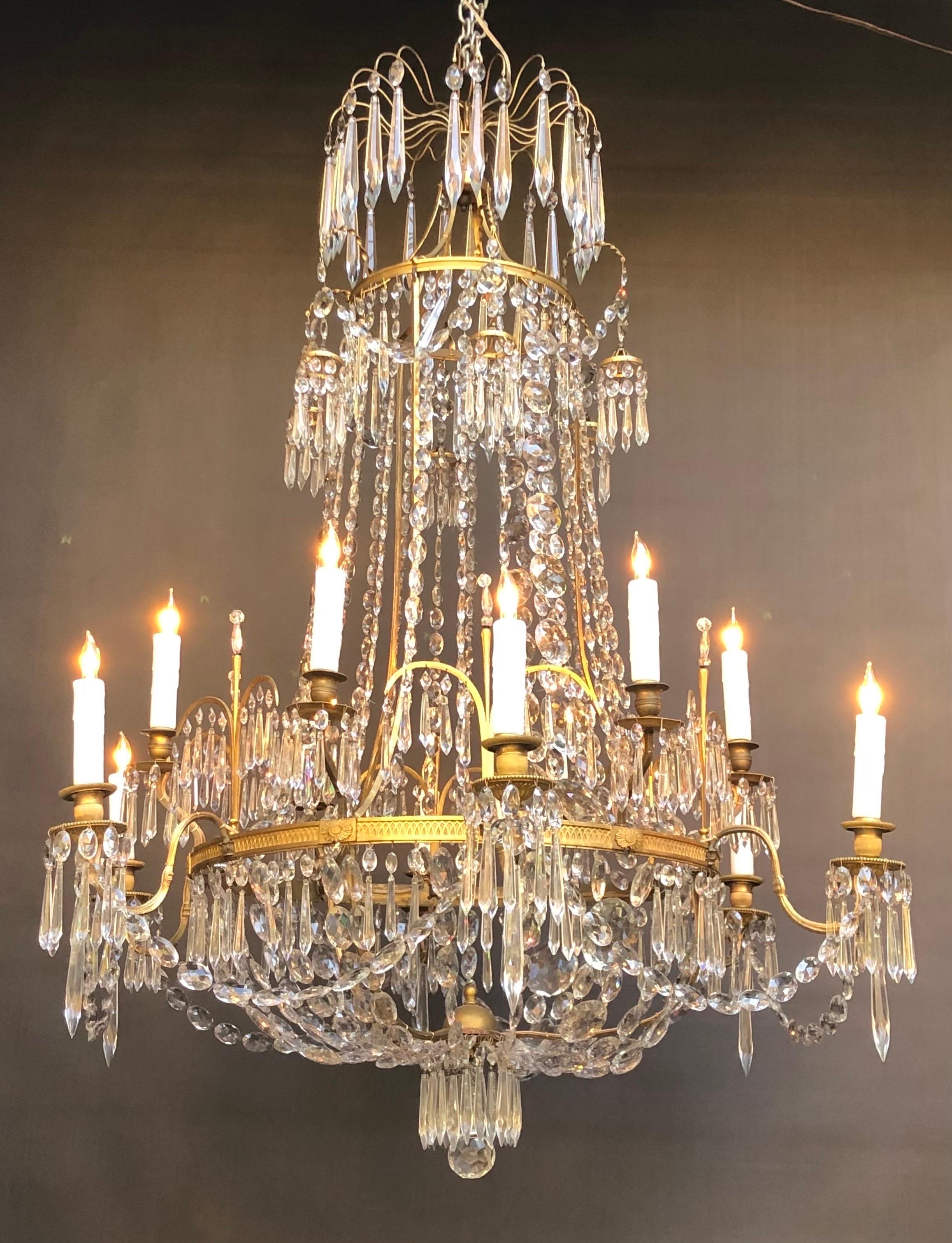English Regency Brass And Crystal Twelve Candle Chandelier 10