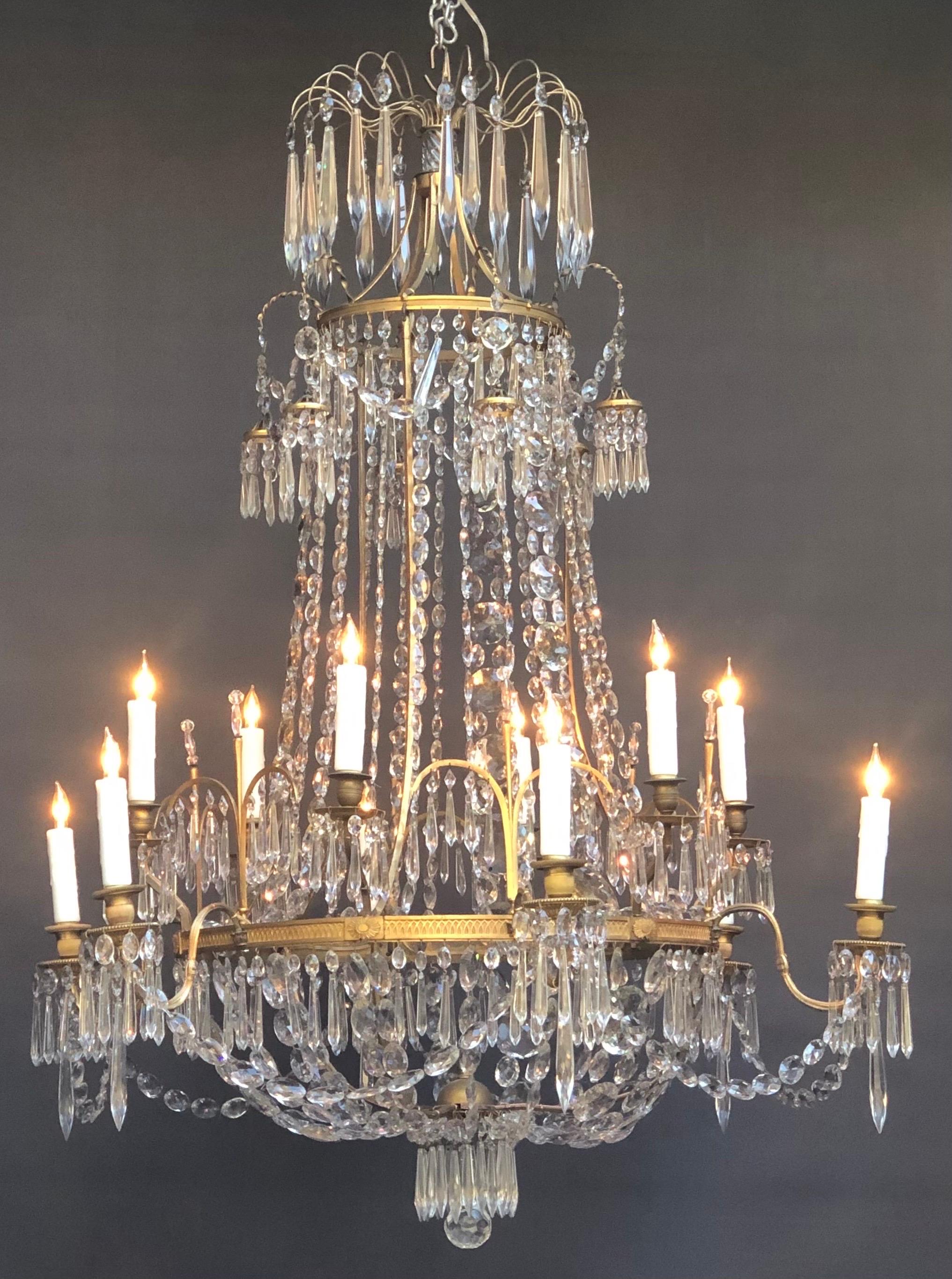 English Regency Brass And Crystal Twelve Candle Chandelier 11
